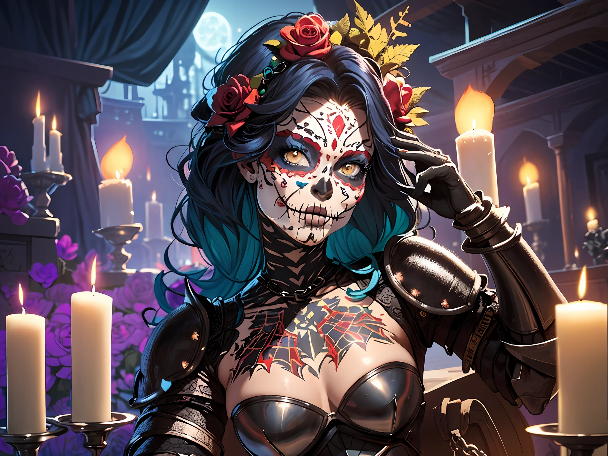 catrina, CatrinaMakeUp, dia de los muertos , ((knight)), ((full armor:1.5)), (chain-mail), shield, fantasy rogue, rpg, medieval, skull, ultra realistic, hd, 4k, best shadows and lighting, masterpiece, festive, colorful, beautifully detailed calaverita full makeup, rose crown, mexican, beautiful traditional dress in black with neon colors, candles , food and other decorations in the intricate magical background, night light, night time, night with full moon and dark lighting, cinematic, dust particles, dutch shot, dramatic, spectacular, dreamy,Day of the Dead