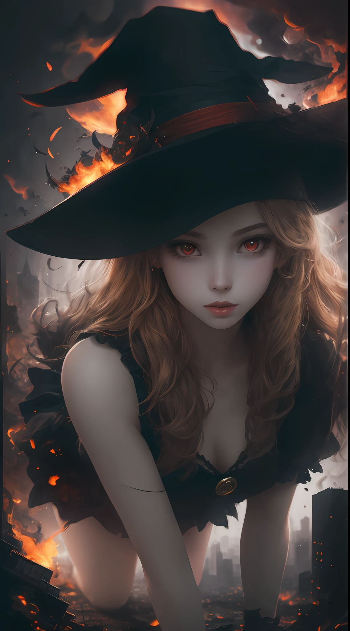 Masterpiece, top quality, super detailed, illustration, 1 girl, upper body, realistic details. Real.
High contrast, chromatic aberration, limited palette
Magnificent, dynamic pose, surrounded by witch hat, red eyes, blonde hair, red beam, red effect, chaos, long hair, skirt and flames
City, dusk, Lunis. All fours.