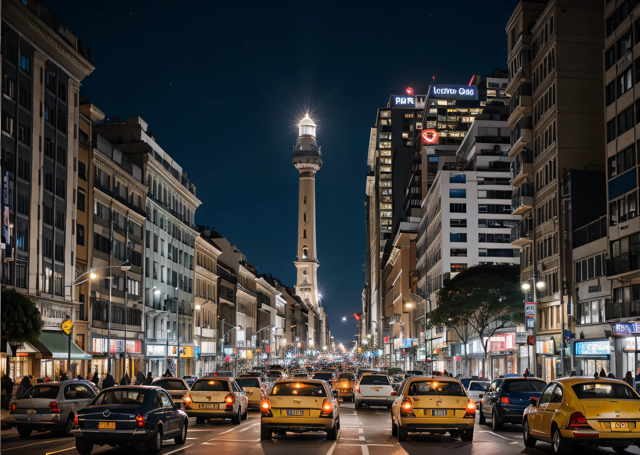 Photorealism, nightshot, night shot, night photography, photography, night, photorealistic, ultra realistic, 8k, cars and buses are driving down a busy city street at night in the 1970s, Sao Paulo, Brazil, Beetles, Mercedes monoblock bus, banespa, banespao, lighthouse santander, building, anhangabau, neons, night scene, city at night, nightlife, night scene, night scene