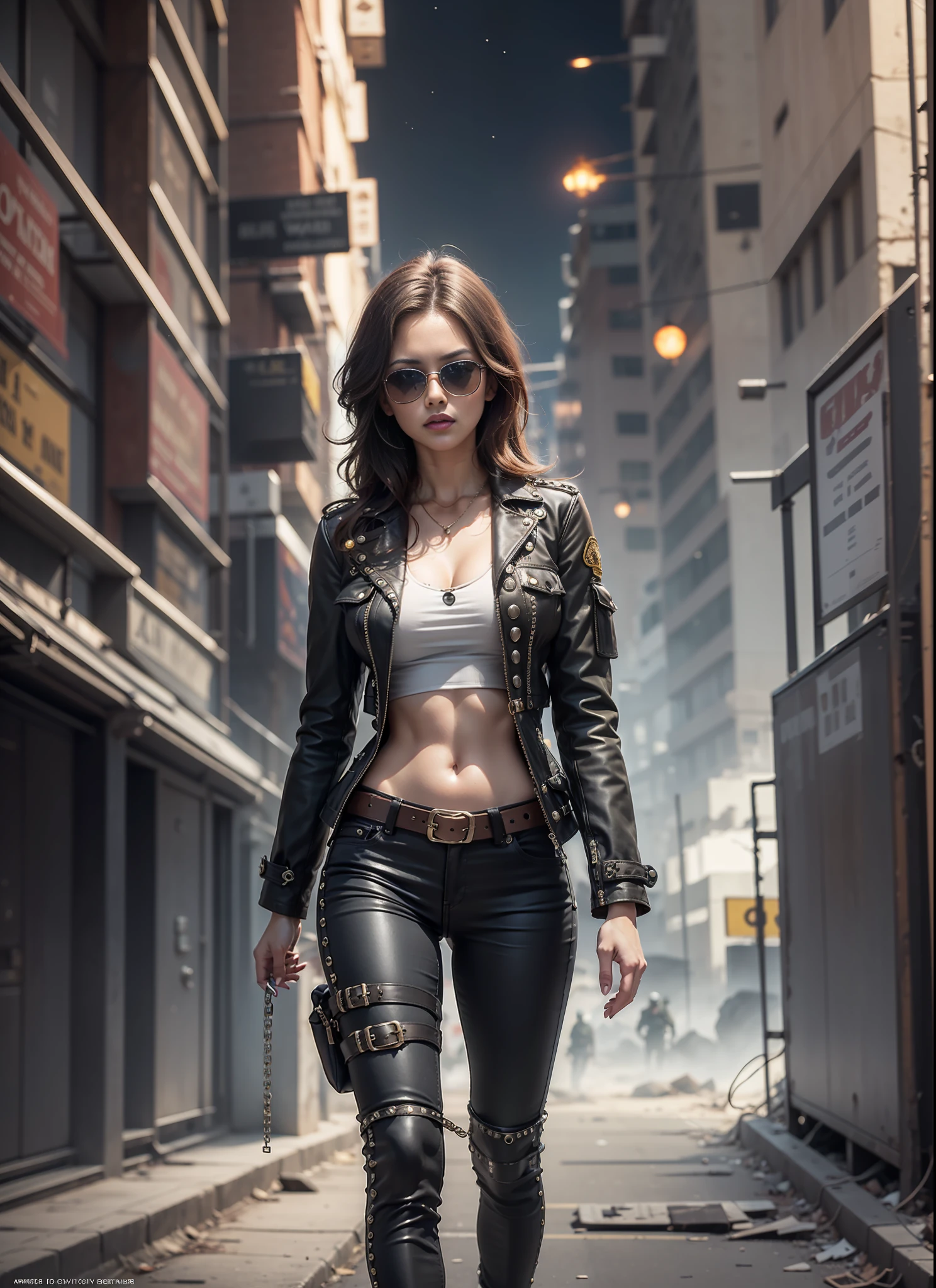 Movie poster, jungle warrior, medium breasted woman, black sunglasses, black jeans, belt, coat, rivets, holster, rivets, explosions, jungle, ruins, just one body, night