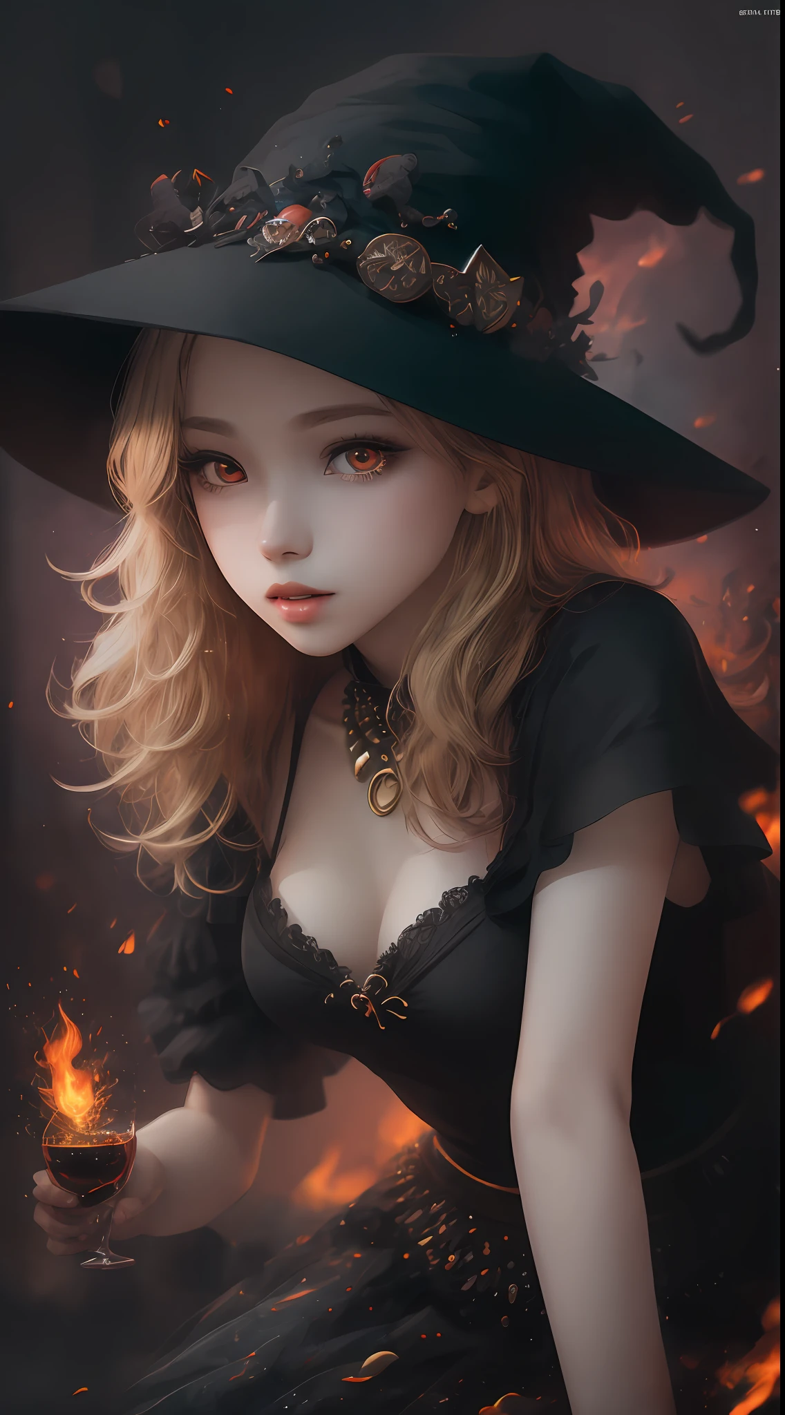 Masterpiece, top quality, super detailed, illustration, 1 girl, upper body, realistic details. Real.
High contrast, chromatic aberration, limited palette
Magnificent, dynamic pose, surrounded by witch hat, red eyes, blonde hair, red beam, red effect, chaos, long hair, skirt and flames
City, dusk, Lunis. All fours.