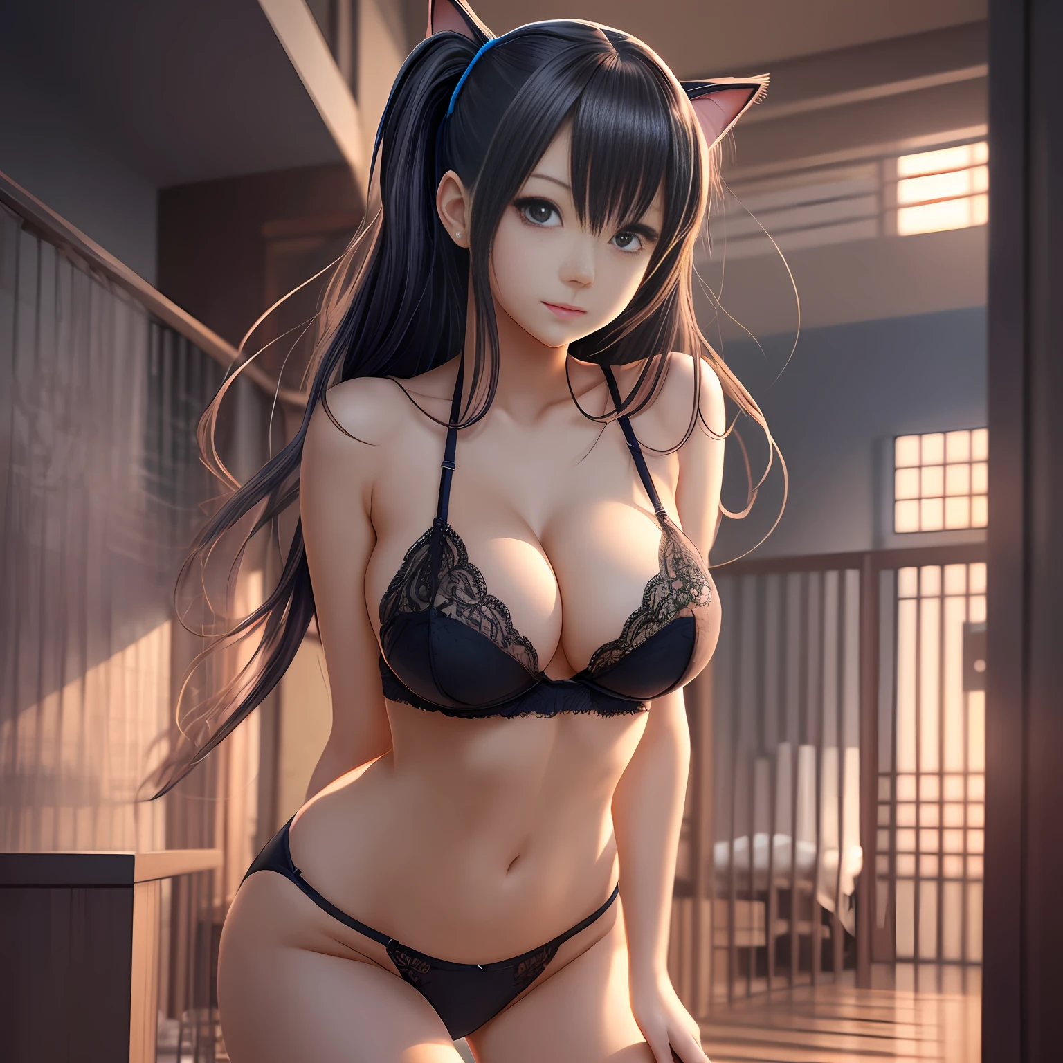 One woman, in underwear, breasts showing wide cleavage from herself, leaning forward, super beautiful girl very young woman, crotch open by herself, two legs, black hair, face is cat face, pleasant expression, photorealistic anime girl rendering, smooth anime cg art, seductive anime girl, beautiful charming anime , soft anime illustration, Japan person, charming anime girl, beautiful charming anime woman, real. IG Model | Art Germ, Anime. soft lighting,