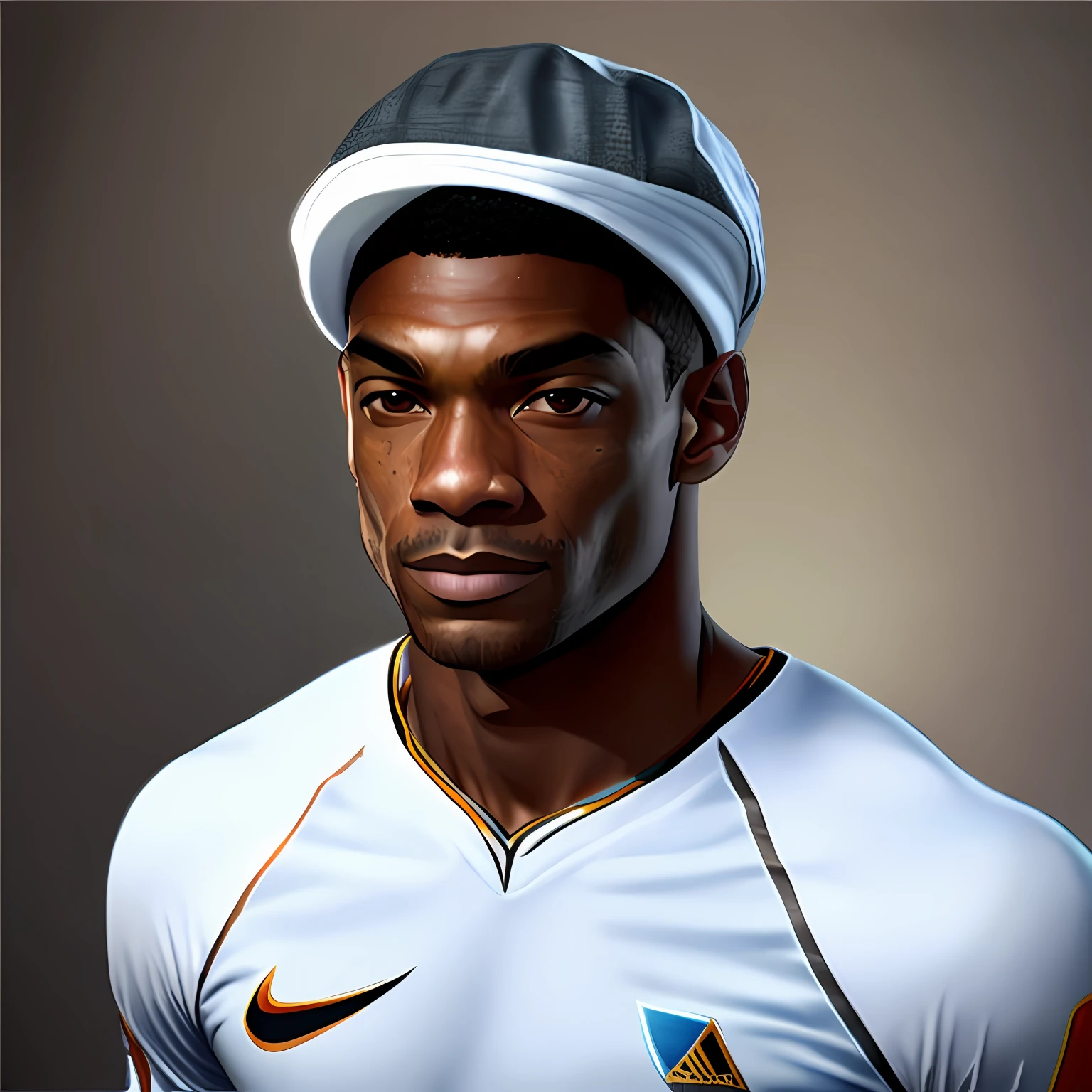Ultra realistic image of player Gilberto Silva, shirtless and wearing a white cap, posing for a photo. --auto
