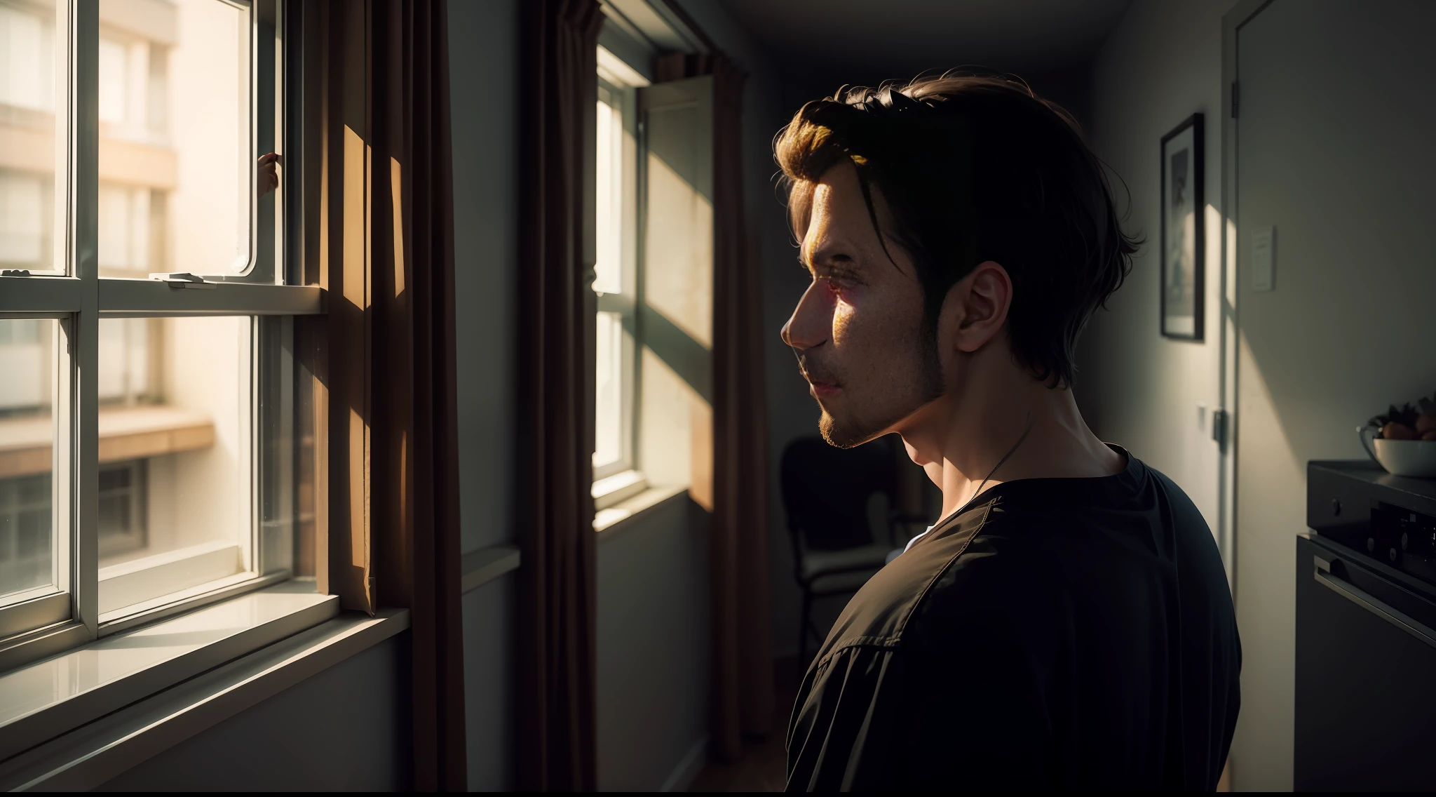 "A man looking out the window inside the dark apartment at night."