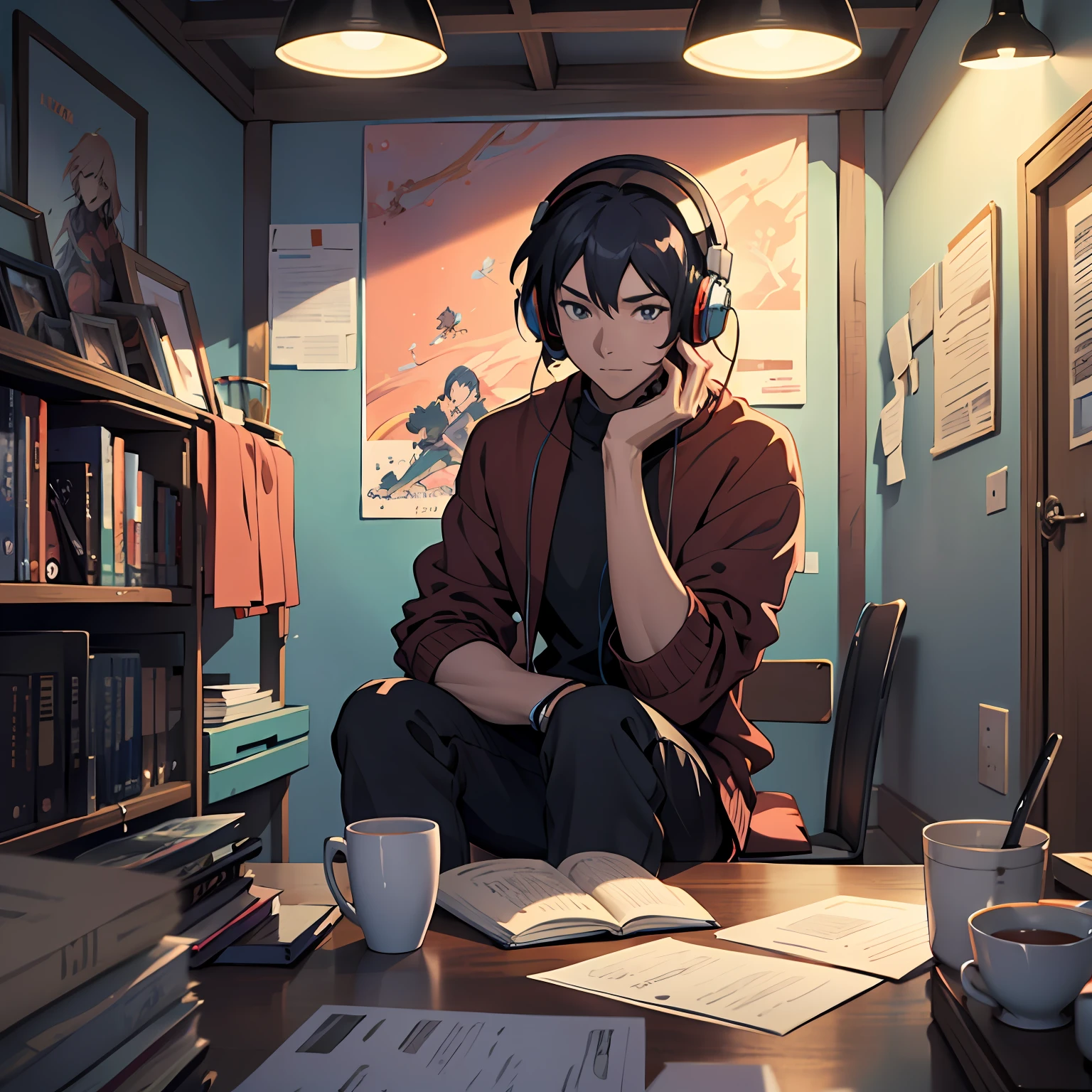 There is a cartoon image of a person with headphones sitting at a table with a book, relaxing concept art, anime background art, anime background, cozy wallpaper, background art, anime scene, personal room background, studying, high school background, colorful anime movie background, cozy environment, background art, anime aesthetics, 4k anime art wallpaper, 4K anime art wallpaper, anime vibes, --auto