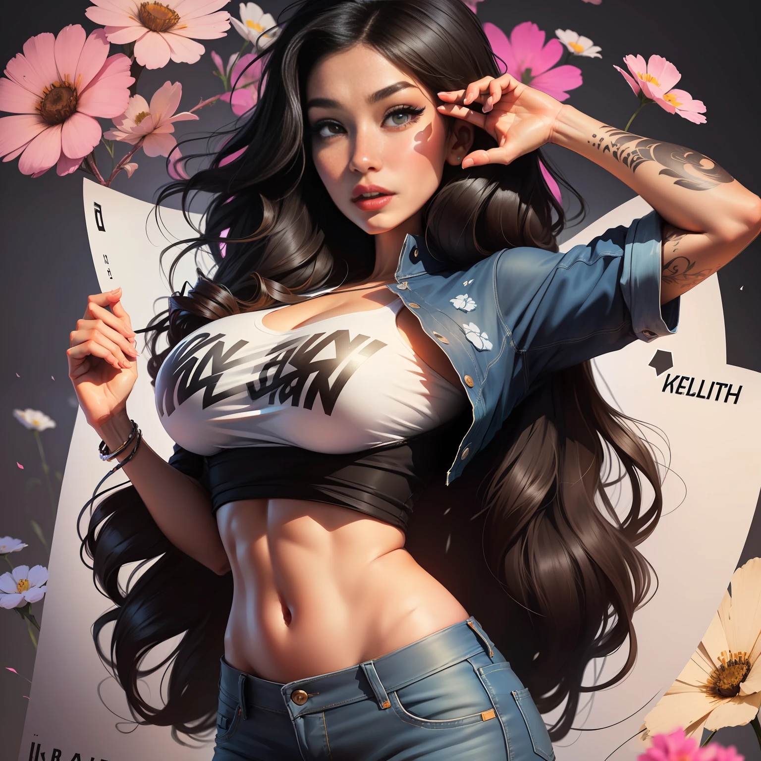 background, mixed-language_text, Japanese letters in graffit, Kelly Brook beautiful woman, long black hair, excellent lighting, sidelighting, perfect ultimate (flat color: 1.3), (magazine_cover: 1.4), (multicolored_background: 1.3), striped_background, card_background, :: discs with sharp and shiny blades in the hand :: circular pieces of white metals glued to the ultra detailed arms coming out sparkling glow, black star design stamped in the middle of the shirt , Perfect and detailed sculptural body, ultra detailed shirt with abstract design and with Japanese letter print in grafit of the sides of the clothing, worn jeans, big breast, with immersive effects, hover effect, background graffiti style tribal tattoo with flowers and vibrant colors, "ultra HDR" detailed and with focus effect, (masterpiece: 1.2, best quality), (beautiful eyes with huge eyelashes finely detailed: 1.2), , ((Solo)), (Finely detailed eyes and detailed face:1.3),