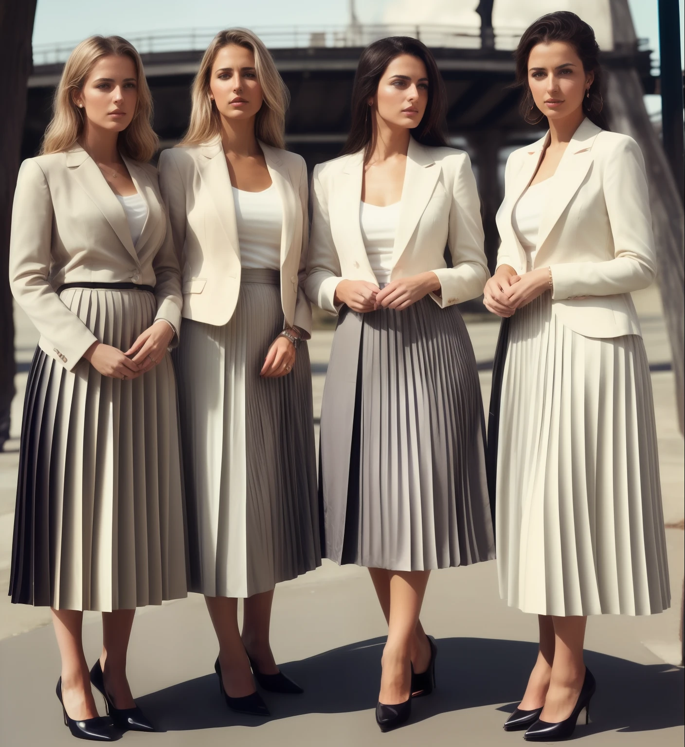 desperate women intensely loving women, authentic (kind and tender) good woman wearing a short blazer with a very very detailed (long (fully pleated) full circle skirt) and (simple) low heeled office shoes, very very intricate hyper-detailed symmetric (attractive graceful young feminine face) with (sad, tired eyes and a shy smile), full of empathy and compassion and love, (pronounced (feminine) features), (highly detailed ultra accurate realistic) hands and fingers, (windy conditions and wind blowing), epic composition, highly detailed attributes, highly detailed atmosphere, (35mm f1.4 Kodak portra 400 photograph), extremely high quality RAW photograph, detailed background, intricate, Exquisite details and textures,