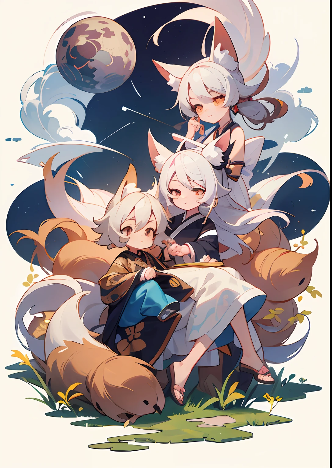 The background is a super large moon, a fox with white hair sitting on a branch under the stars, (Little Boy: 1.5), Ethereal Fox, Nine-Tailed Fox, Dreamy, Millennium Fox Demon, Onmyoji Detailed Art, Nine Tails, Beautiful Artwork Illustrations, Mythical Creatures, Foxes, Beautiful Digital Art Works,