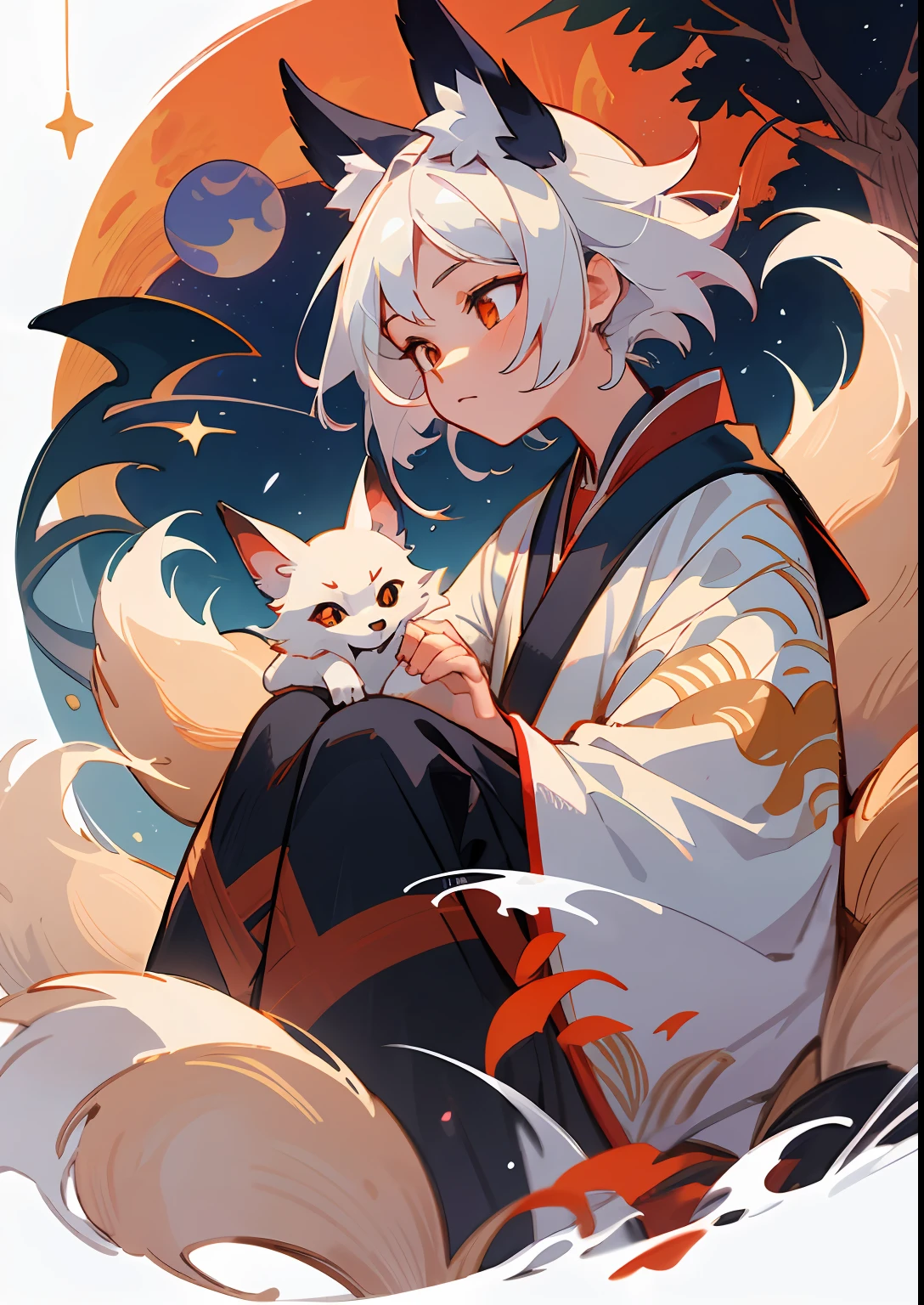 The background is a super large moon, a fox with white hair sitting on a branch under the stars, ( Boy: 1.5), Ethereal Fox, Nine-Tailed Fox, Dreamy, Millennium Fox Demon, Onmyoji Detailed Art, Nine Tails, Beautiful Artwork Illustrations, Mythical Creatures, Foxes, Beautiful Digital Art Works,