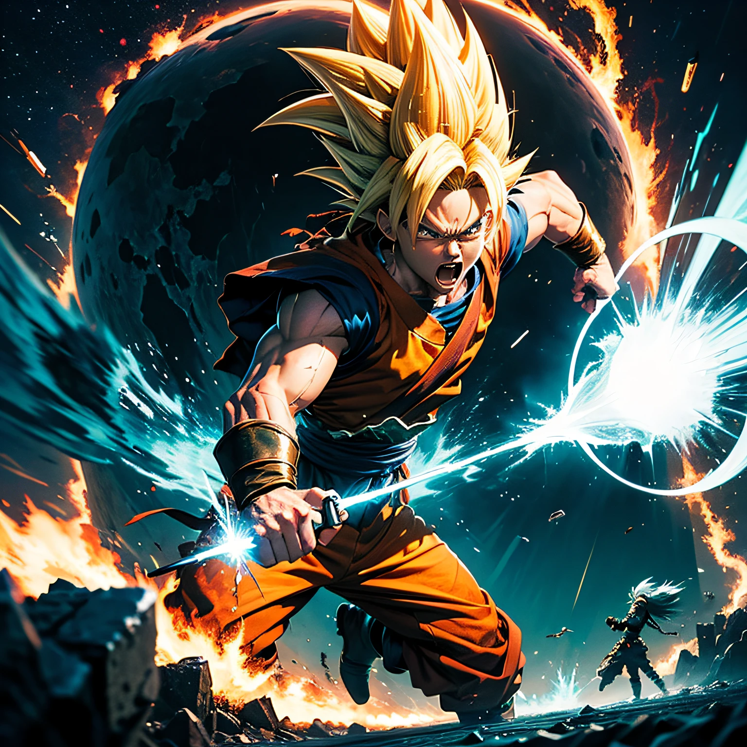 Goku in his Super Saiyan Blue form, launching a powerful Kamehameha towards a formidable enemy, face, anime. --auto
