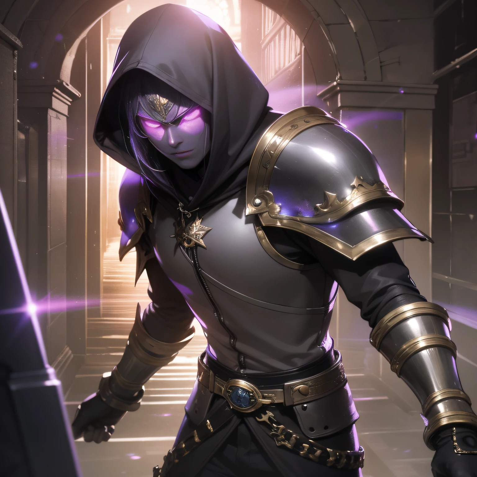 ((Male)), (mask on the floor of the face), black leather armor, short sword in hand, silver long hair, anime style, ultra-detailing, direct weapons, black armor, purple eyes, violet eyes, hood, hood on the head, glint in the eyes, stroke of the blow, corridor of the castle, dark fantasy, fantasy art, detailed image, 8k quality, high-quality art, purple glow behind the back, purple light overhead, purple radiation from the hand,  fantasy, epic fantasy, guy, man