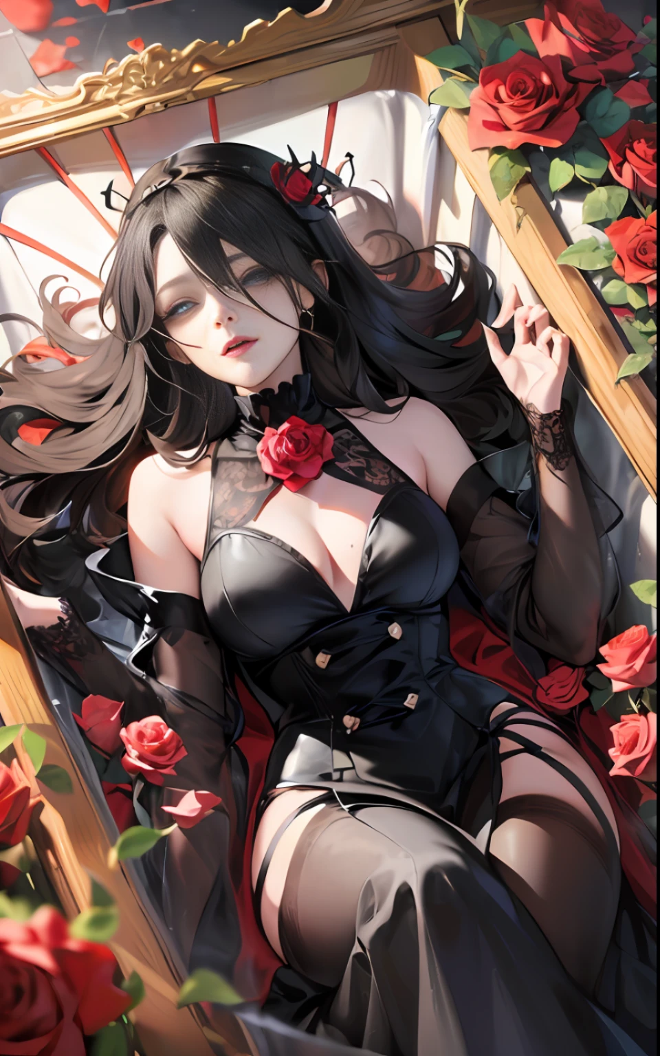 (((transparent vampire coffin with closed lid))) , (long coffin), girl locked in the coffin, seabed in the background, ((crystal)), gold cross, golden details, roses inside the coffin, rose thorns, ocean in the background, moonlight, coffin submerged in the sea, closed coffin with glass walls, closed lid, (((sarcophagus))), 1girl, adult woman, black hair, long hair, blue eyes, black victorian dress, flowing elegant dress, inside a coffin made of glass, full body inside coffin, perfect detailed eyes, perfect detailed face, detailed eyes, perfect eyes, ((((masterpiece))))ç