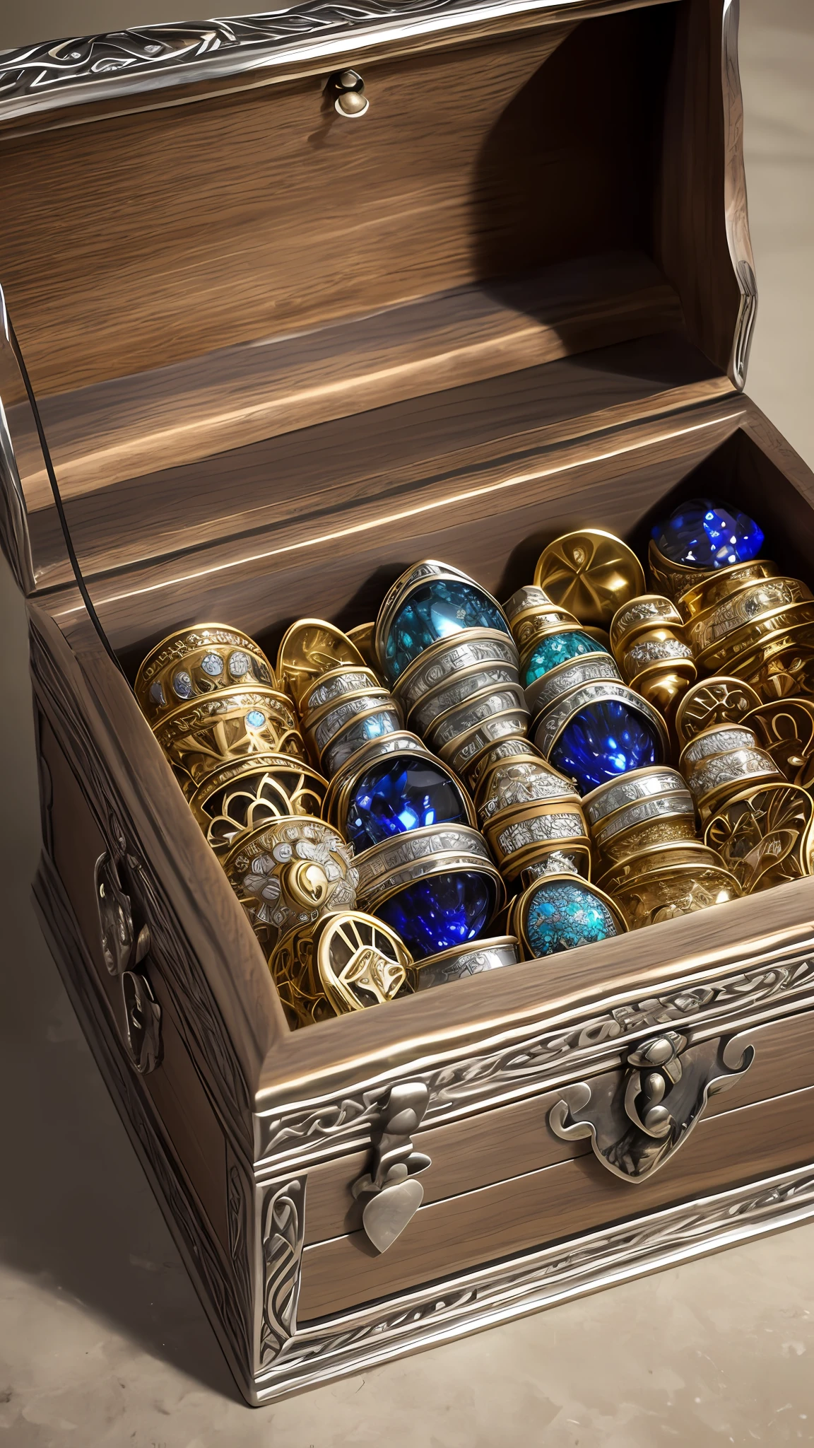 Silver treasure chest, sapphire, detail, complex