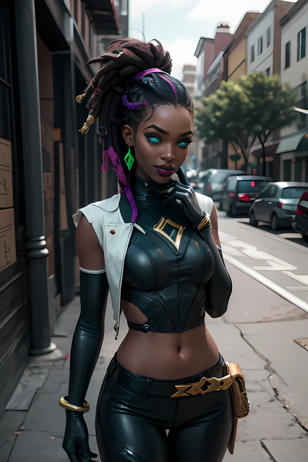 masterpiece, best quality, highres, akali, 1girl, k/da \(league of legends\), solo, (neon purple hair:1.1), blue hair, (multicolored hair:1.1), jewelry, gloves, cropped jacket, midriff, earrings, two-tone hair, open jacket, black gloves, black thin pantyhose, topless, huge breasts, blue eyes, belt buckle, ponytail, cowboy shot, evil smile, full body