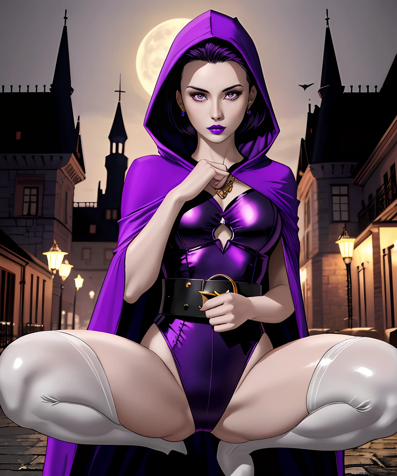 woman in her 20s, (raven),  (pale grey skin:1.2), (perfect face), defined jawline, (beautiful bright purple eyes), beautiful lips, dark purple lipstick, short purple pixie haircut, (forehead jewel), (sexy), thick thighs, (perfect hands), black tight long-sleeved leotard, long flowing purple hooded cape, gold belt laden with red circular gems, (dark energy aura), (looking at viewer), (medium shot photograph), (dark castle background at night), photorealistic, squatting, thick thighs, sexy, hands behind head