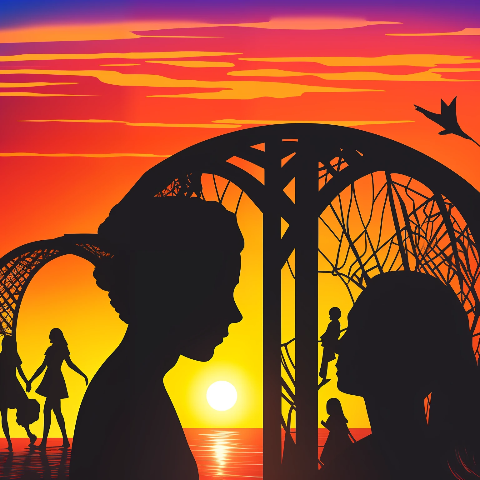 The illustration depicts two blind and blurred female silhouettes, symbolizing the loss of innocence. In the background, a chaotic and confusing scenario represents the transformation of the girls. In the center, a colorful sunset symbolizes hope and renewal. A bridge connects chaos to the search for lost purity.