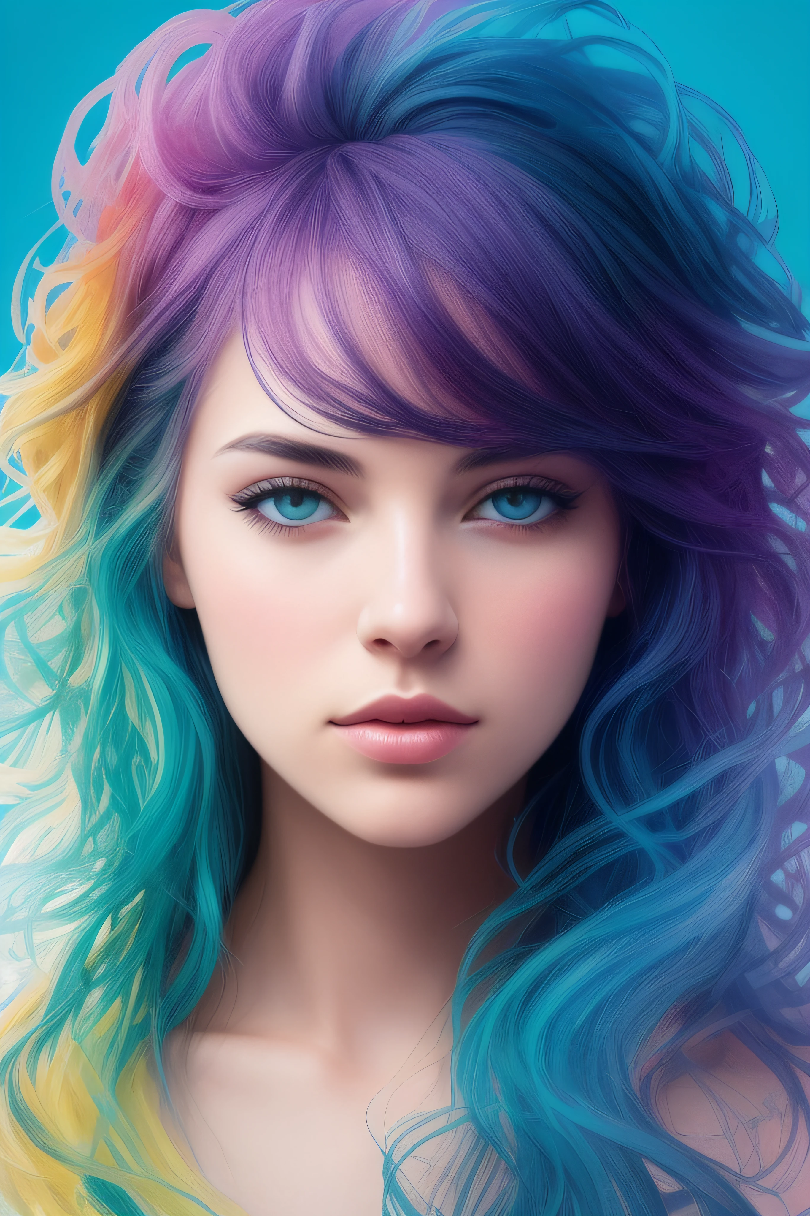 Beautiful colorful girl: Caucasian 25 years old, messy hair, oil painting, perfect face with soft skin and perfect face, blue yellow colors, light purple and violet additions, light red additions, intricate details, home screen, 8k resolution, masterpiece, beautiful face, artstation soft digital painting black ink flow: 8k resolution Photorealistic masterpiece: intricately detailed fluid gouache painting:  by Jean Baptiste Mongue: calligraphy: acrylic: watercolor art, professional photography, natural lighting, volumetric lighting Maximalist photoillustration: by Marton Bobzert: , complex, elegant, expansive, fantastic, wavy hair, vibrant