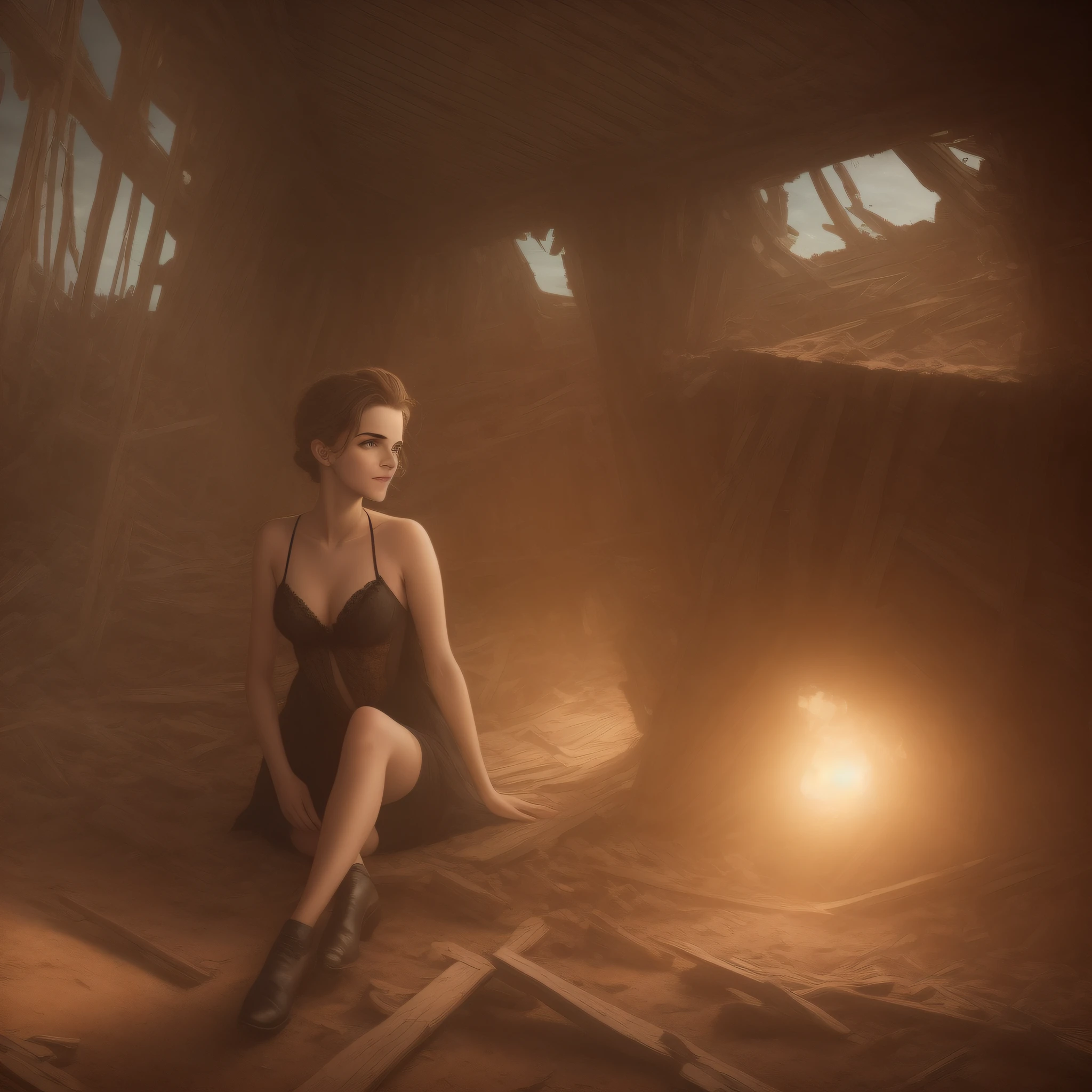 a cinematically landscape of a wrecked 1800s wooden ship with Emma Watson in lingerie inside of the broken nook with a look of euphoria on her face by Joshua Holford Photography award winning detail and flare 8k --auto