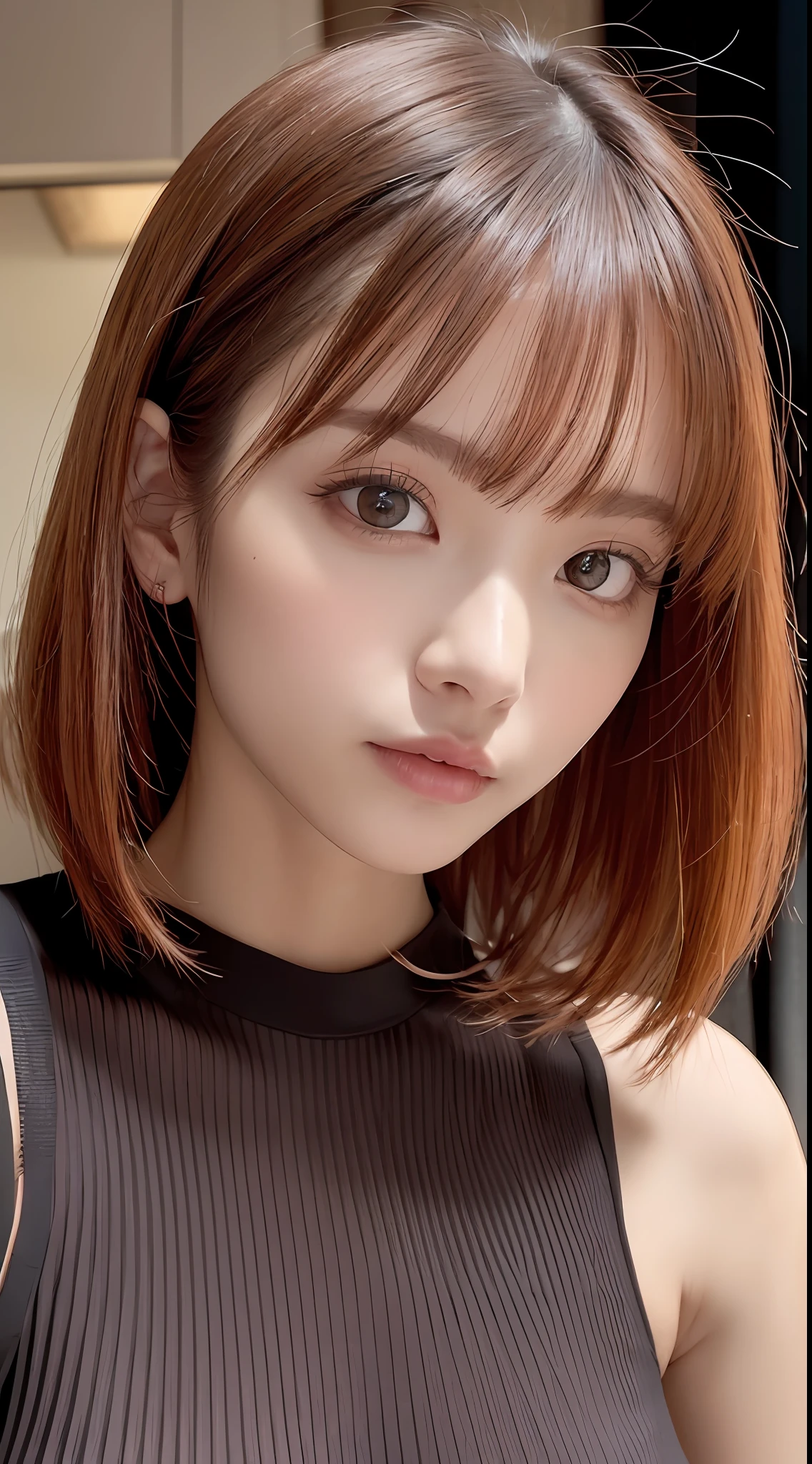 masterpiece, 1 beautiful girl, detailed eyes, puffy eyes, best quality, ultra high definition, (reality: 1.4), cinematic lighting, Japan, asian beauty, korean, super beautiful, beautiful skin, slender, body facing front, (ultra-realistic), (high resolution), (8K), (very detailed), (best illustration), (beautiful and detailed eyes), (super detailed), (wallpaper), detailed face, Bright lighting, professional lighting, looking at the viewer, facing straight ahead, the costume is a neat light orange shirt and dress, 46-point diagonal bangs, night view, black hair (some orange hair with mesh), Nogizaka 46, Asuka Saito,