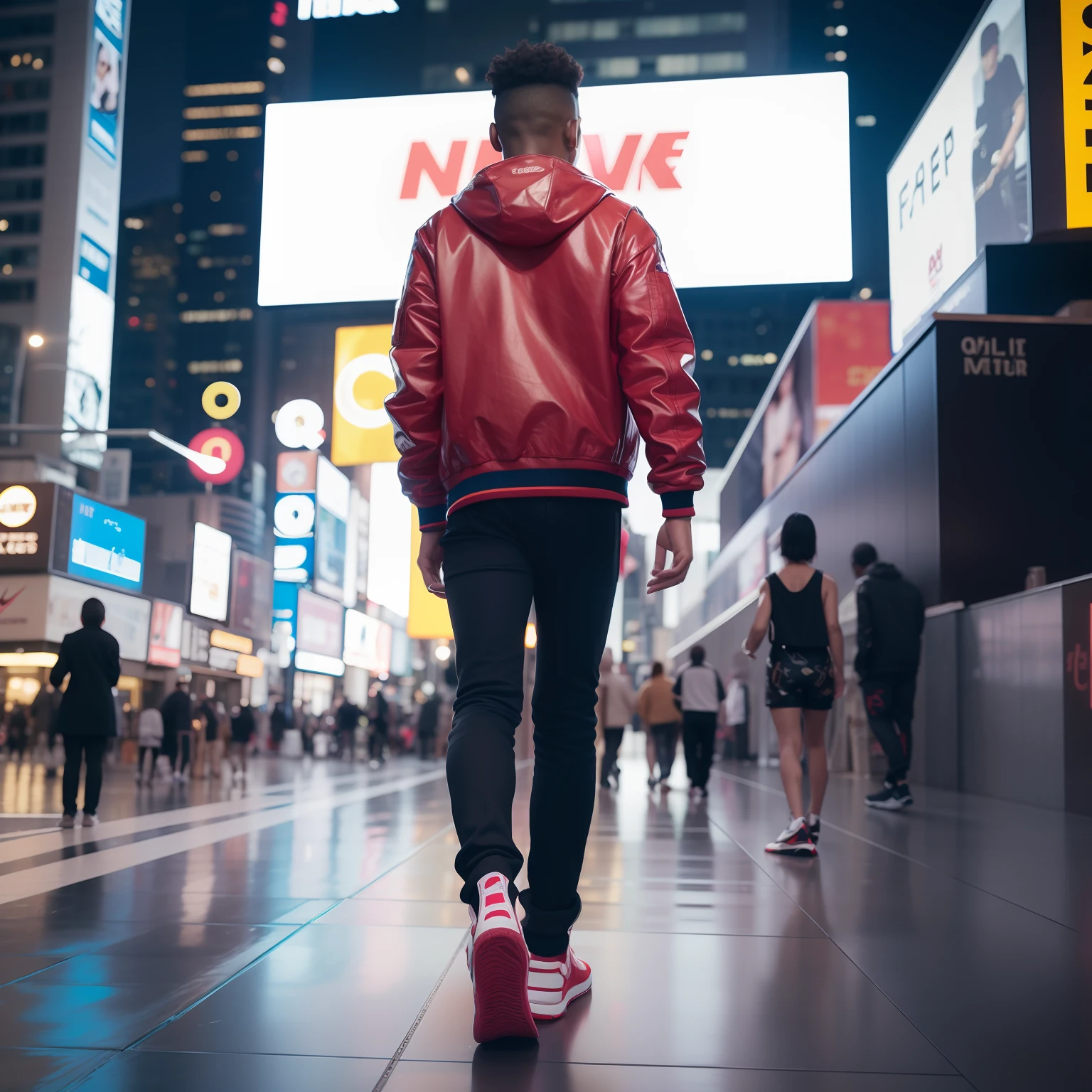 /imagine prompt: a portrait of a young man seen from behind and top down, dressed in modern clothing, a yellow jacket and red pants, white nike sneakers, looking at a led billboard in Time Square, leather, concrete, dark red::10, royal blue::7, golden yellow::8, magic realism::10, jacket::10, pants::10, sneakers::10, neon lights::10, bokeh --iw 2 --q 5, 600mm, 3d, cgi, high definition, very detailed, octane render, 8k