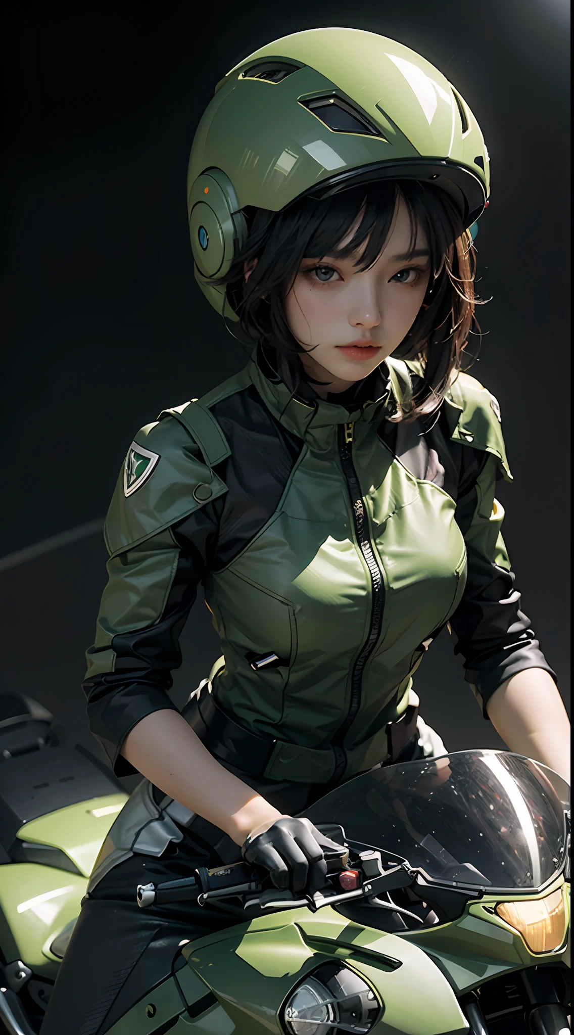 Highest image quality, outstanding details, ultra-high resolution, (realism: 1.4), the best illustration, favor details, highly condensed 1girl, with a delicate and beautiful face, dressed in a black and green mecha, wearing a mecha helmet, holding a directional controller, riding on a motorcycle, the background is a high-tech lighting scene of the future city.