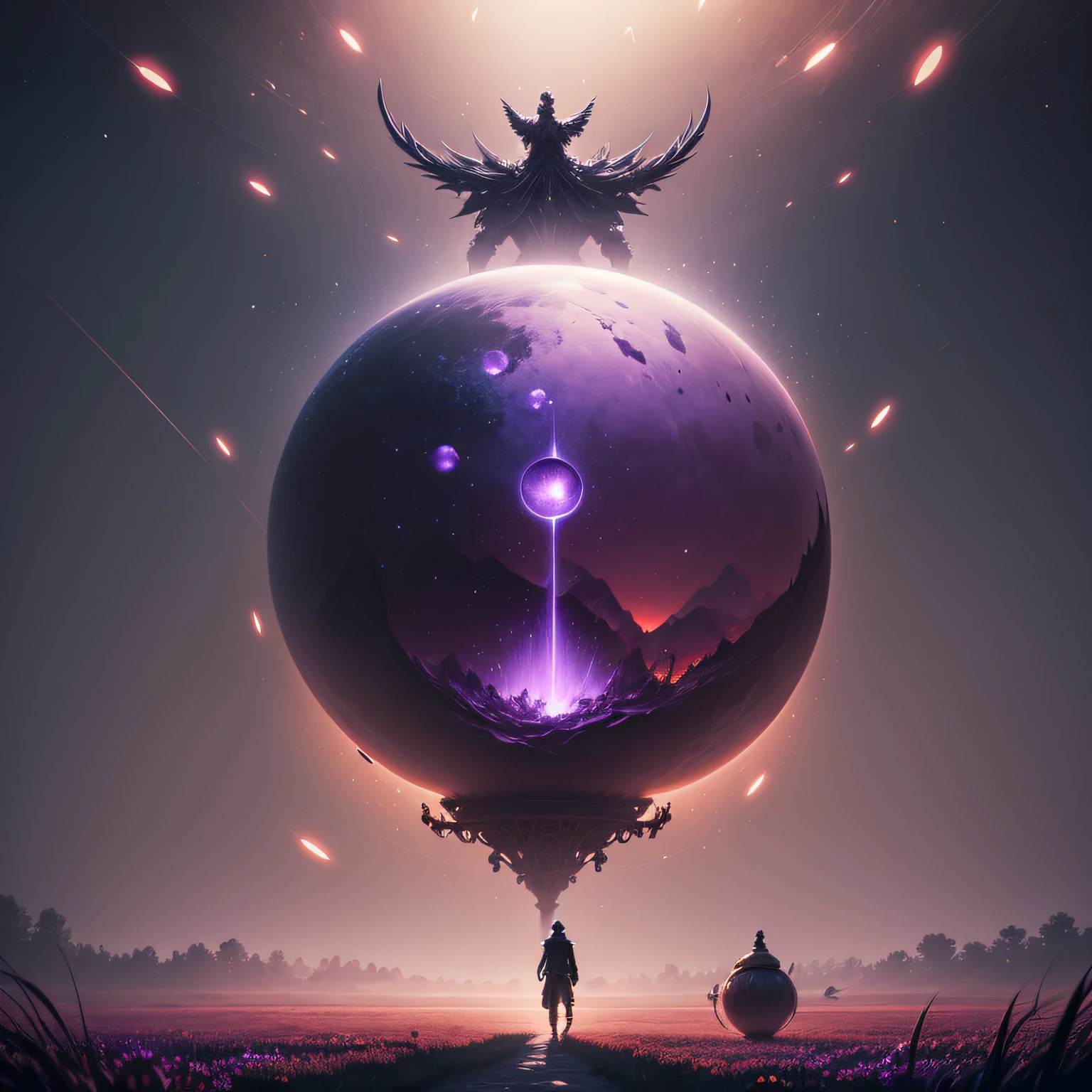 World, purple spheres with magic signs, wandering man, purple fields, spheres in the air, magic signs, high detail, perfect pattern, 8k, dark fantasy, epic fantasy, high fantasy --auto