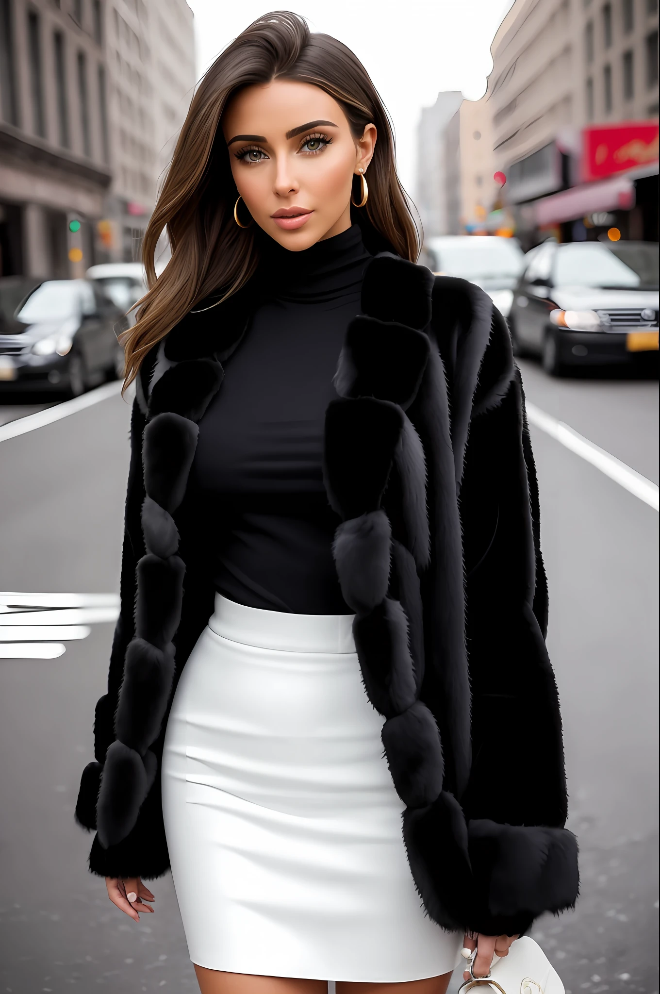 A woman wearing a black turtleneck sweater with a black fur coat, gold ring, brunette with dyed blonde hair, Julia Sarda, Christina Kritkou, black turtleneck, wearing turtleneck and jacket, portrait of Kim Kardashian, inspired by Gina Pellón, tanned Ameera al Taweel, Olivia Culpo, Julia Fuentes, flawless olive skin ((detailed face)), ((detailed facial features)), (finely detailed skin), pale skin, walking through the city, megacity environment, New York City in the background, (cool colors), damp, damp, reflections, (masterpiece) (perfect aspect ratio)(realistic photo)(best quality) (detailed) photographed on a Canon EOS R5, 50mm lens, F/2.8, HDR, (8k) (wallpaper) (cinematic lighting) (dramatic lighting) (sharp focus) (intricate), RAW photo, RAW photo, gigachad photo, posing for camera, 8k uhd, dslr, high quality, grain film, Fujifilm XT3, film stock photography 4 kodak portra 400 camera f1.6 lens rich colors hyper realistic texture dramatic lighting unrealengine trend in artstation cinestill 800 tungsten, toughboy style, face ultra focus, intimidating