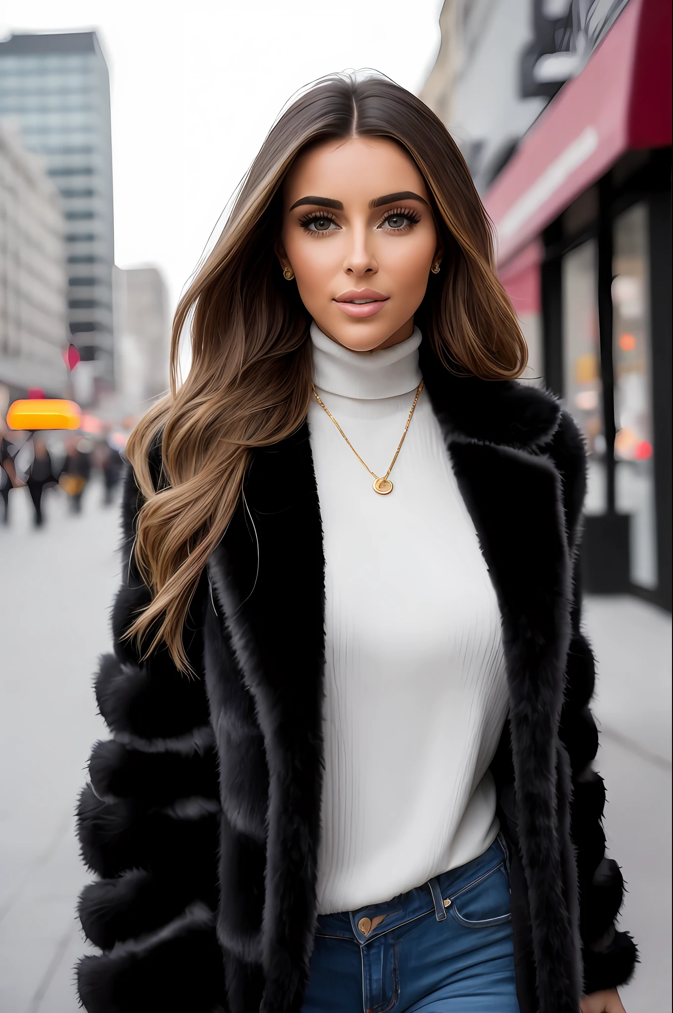 A woman wearing a black turtleneck sweater with a black fur coat, gold ring, brunette with dyed blonde hair, Julia Sarda, Christina Kritkou, black turtleneck, wearing turtleneck and jacket, portrait of Kim Kardashian, inspired by Gina Pellón, tanned Ameera al Taweel, Olivia Culpo, Julia Fuentes, flawless olive skin ((detailed face)), ((detailed facial features)), (finely detailed skin), pale skin, walking through the city, megacity environment, New York City in the background, (cool colors), damp, damp, reflections, (masterpiece) (perfect aspect ratio)(realistic photo)(best quality) (detailed) photographed on a Canon EOS R5, 50mm lens, F/2.8, HDR, (8k) (wallpaper) (cinematic lighting) (dramatic lighting) (sharp focus) (intricate), RAW photo, RAW photo, gigachad photo, posing for camera, 8k uhd, dslr, high quality, grain film, Fujifilm XT3, film stock photography 4 kodak portra 400 camera f1.6 lens rich colors hyper realistic texture dramatic lighting unrealengine trend in artstation cinestill 800 tungsten, toughboy style, face ultra focus, intimidating