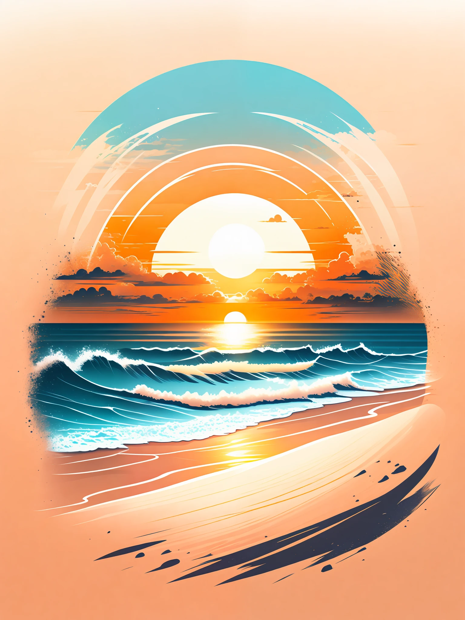 Sunset on the beach, white sand, epic composition, t-shirt design, rzminjourney, vector art