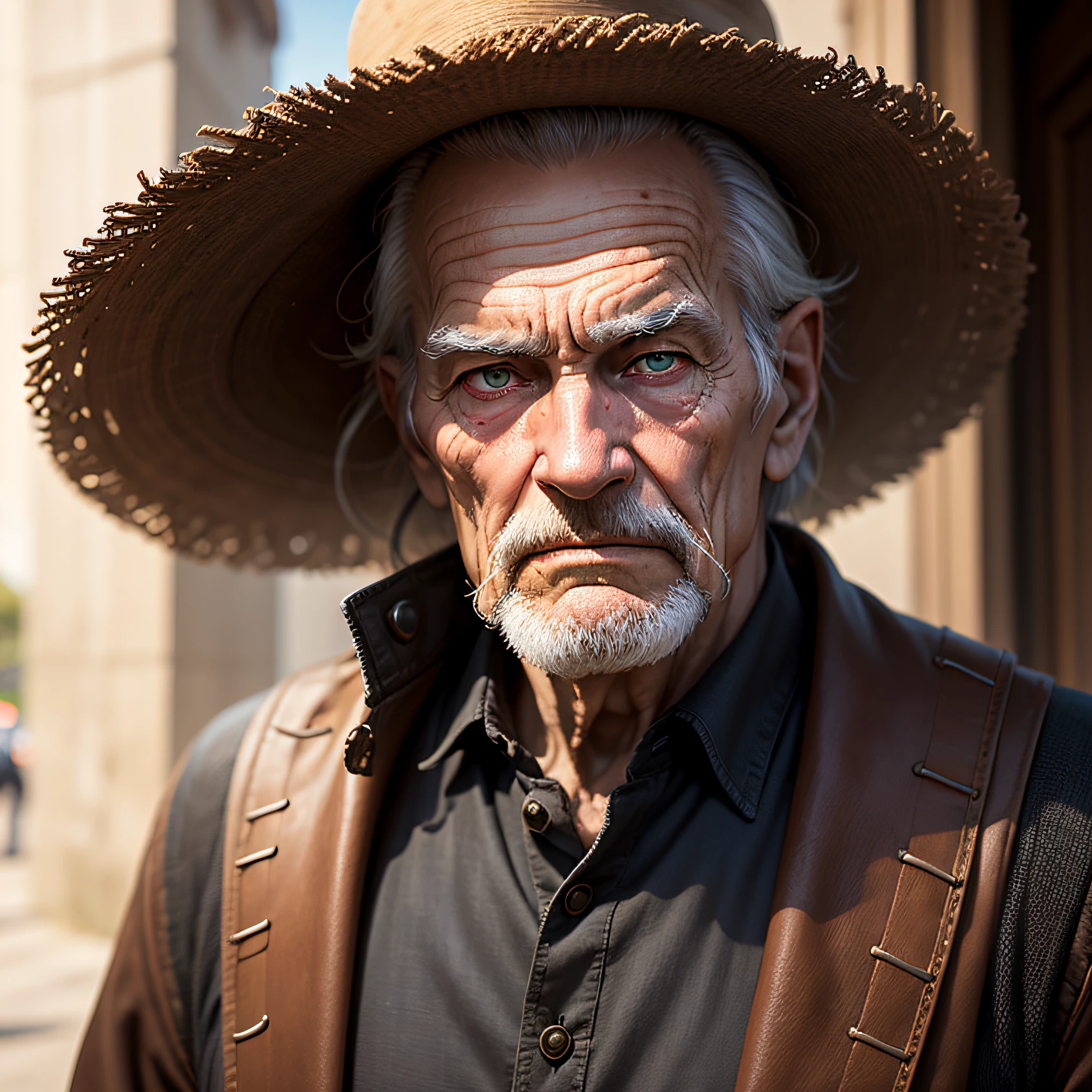 old man, realistic, sinister, presidio background --auto