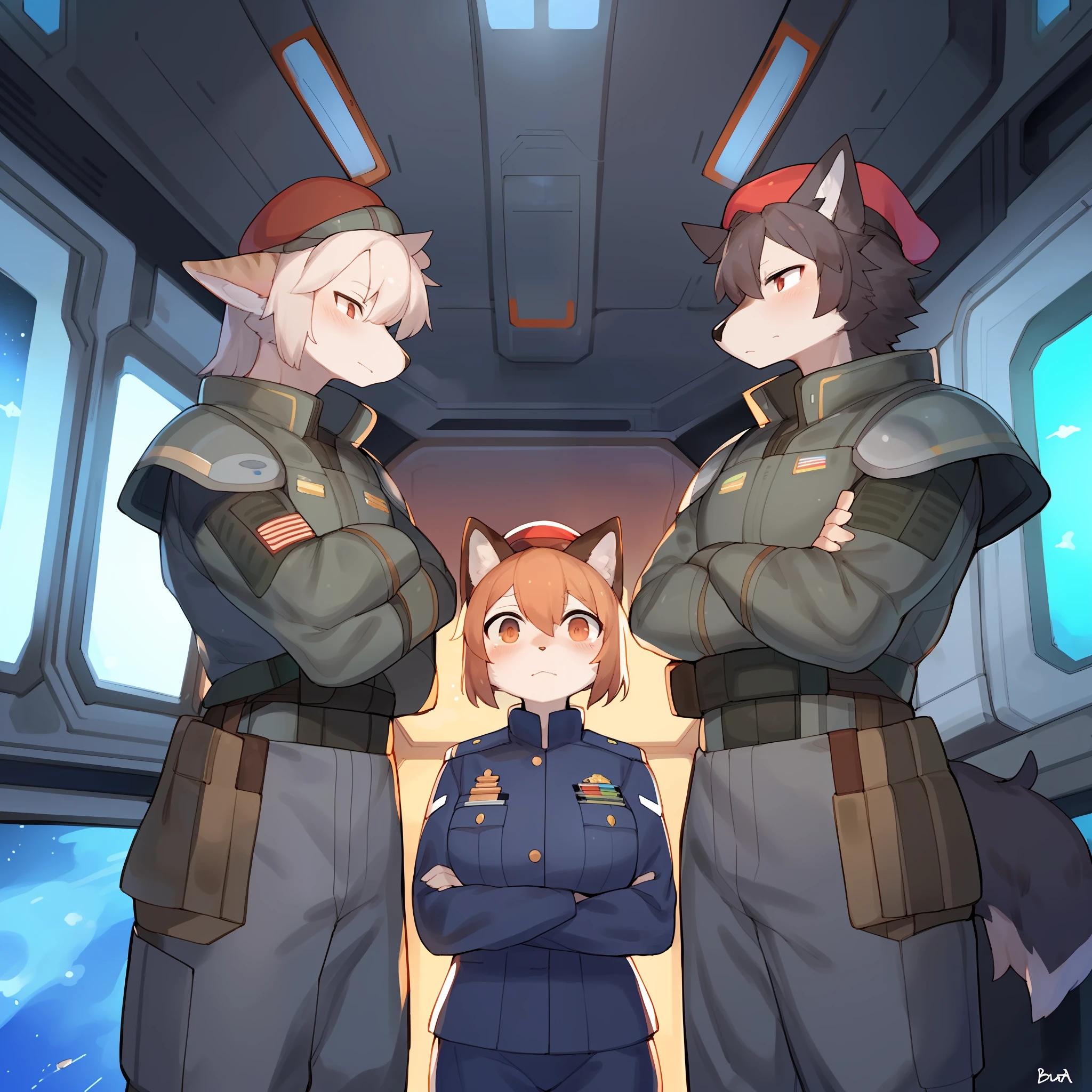 Group photo, standing, by buta99, by bebebebebe, (((grey military uniform))), sci-fi body armor, (((red beret))), frowning, spaceship, space, window, by kishibe, by cervina7, female, male, feline, canine, diverse cast of anthro characters standing in a line