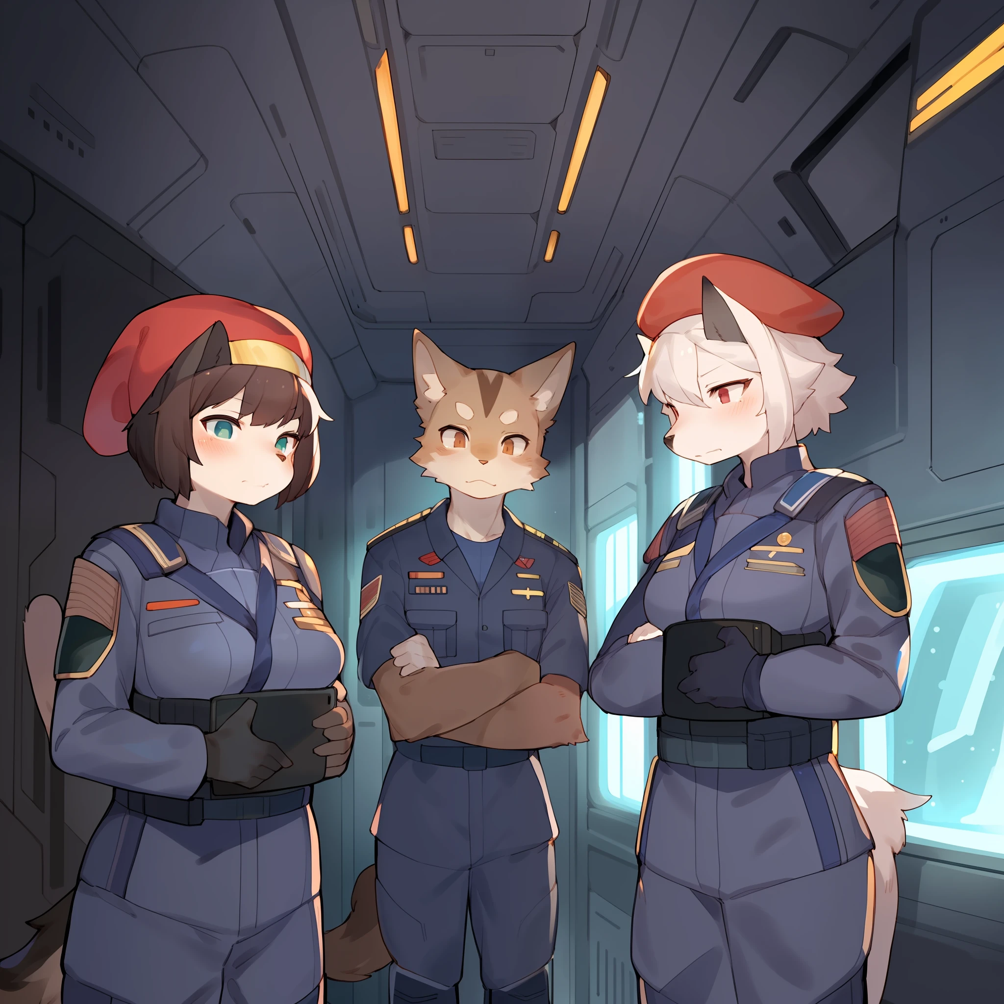 Group photo, standing, by buta99, by bebebebebe, (((grey military uniform))), sci-fi body armor, (((red beret))), frowning, spaceship, space, window, by kishibe, by cervina7, female, male, feline, canine, diverse cast of anthro characters standing in a line