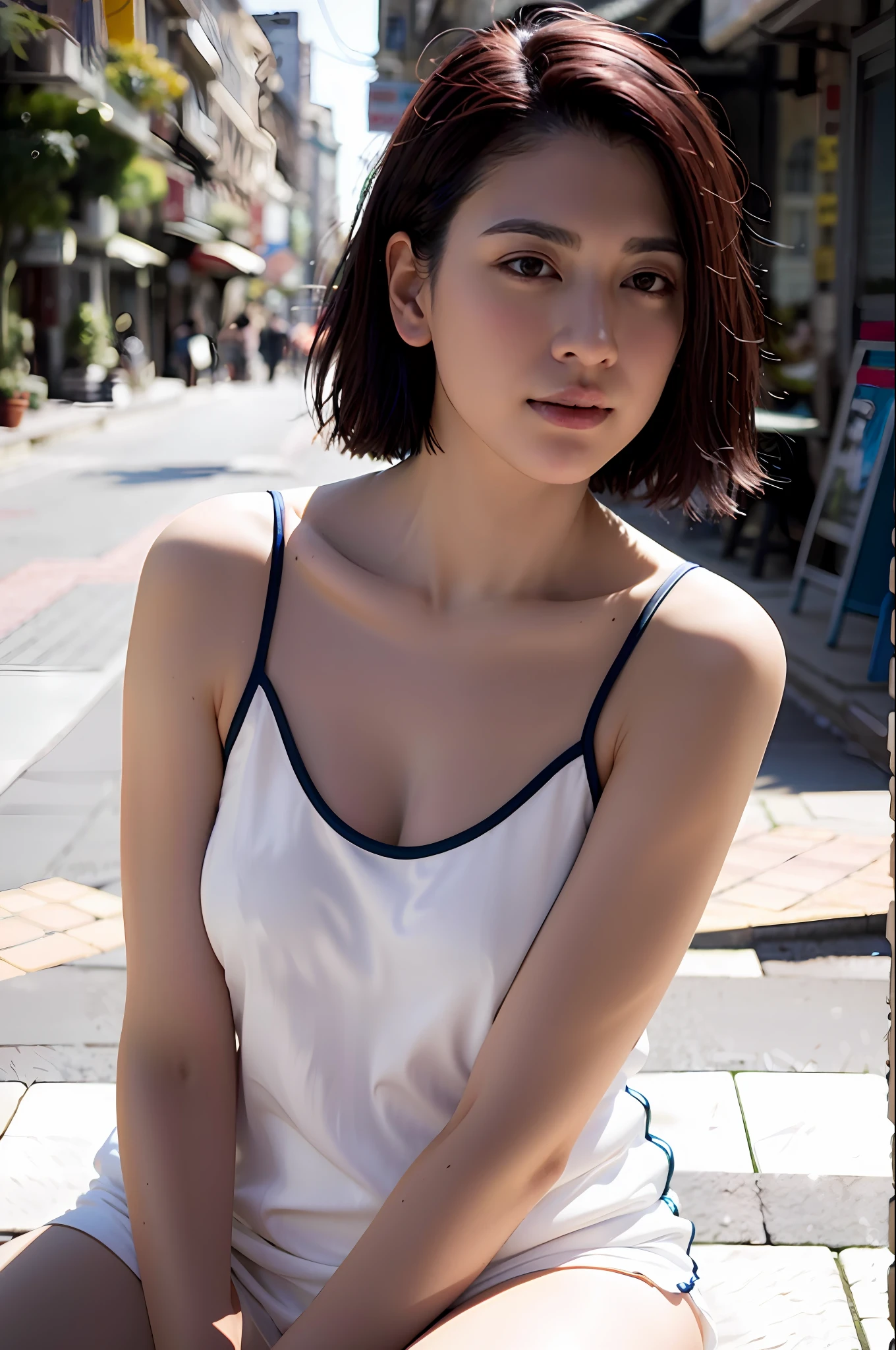 Ayaka Miyoshi, Women posing naked, Best Quality, 1girl, (huge breasts), Sun, Bright, Blurred background, Bokeh, Outdoors, Gorgeous, (Floating hair, Bangs, Hair up: 1.5), Beautiful details sky, (Beautiful earrings), (Dynamic poses: 1), (Upper body: 1.2), Soft lighting, Wind, Glossy skin