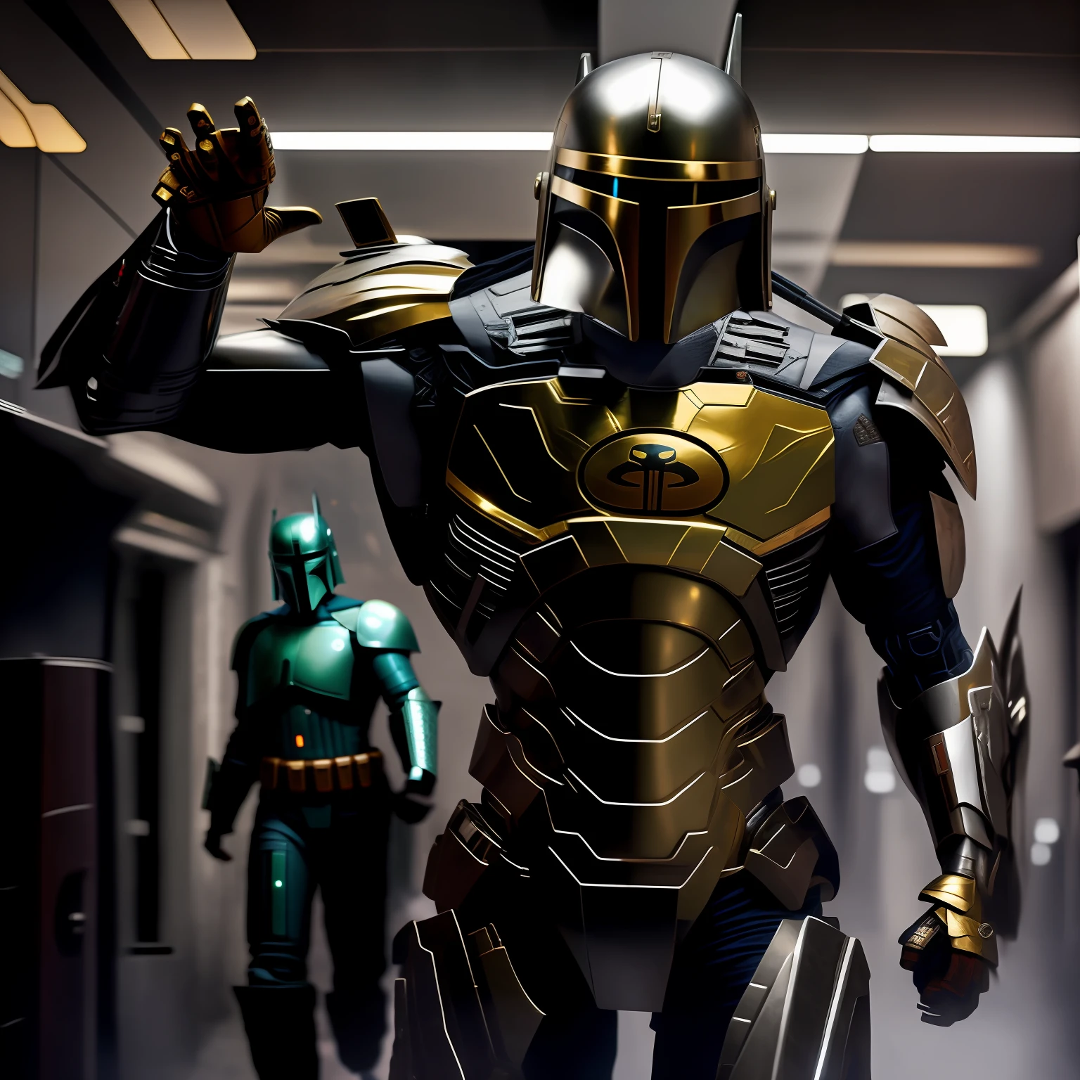 Batman and Boba FETn are walking down a hallway, Arcane Mage x Boba Fett, Deadpool Mandalorian, Boba Fett, Boba Fett Movie, Mandalorian Armor BLACK AND SILVER, WITH GOLD DETAILS, by Jason Felix, Mandalorian, Dressed in Science Fiction Military Armor, Hero, Warrior in BLACK AND SILVER Science Fiction Armor, from The Mandalorian (2019)