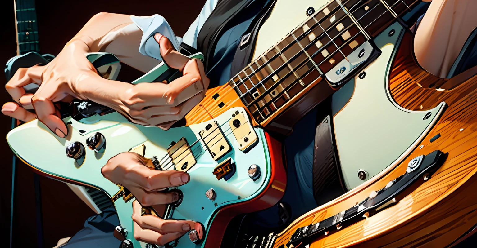 someone is playing a guitar, holding an electric guitar, holding electric guitar, holding a electric guitar, playing electric guitar, holding electric guitar, playing a guitar, holding a wooden electric guitar, man playing guitar, lead guitar, playing the guitar, music instrument in hand, holding a guitar, guitarist
