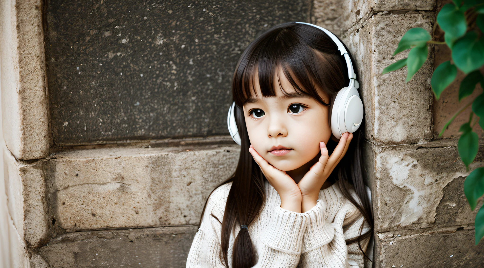CHILD girl with long hair wearing a white sweater and muffled black ears.