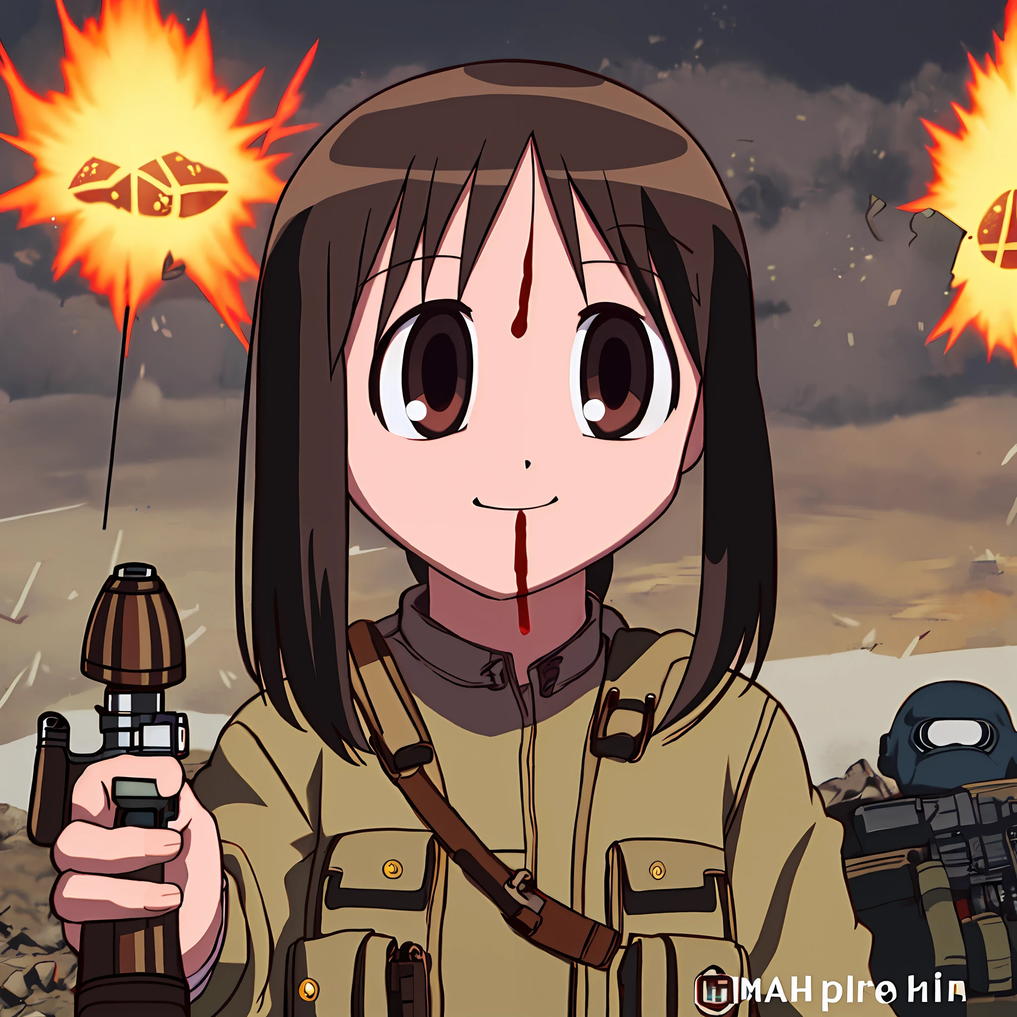 1girl, ayumu kasuga, brown hair, brown eyes, looking at the viewer, smile, mouth open, outdoor, lighting, detailed, machine gun, rifle, pistol, blood, bulletproof jacket, explosives, grenades, explosion, death