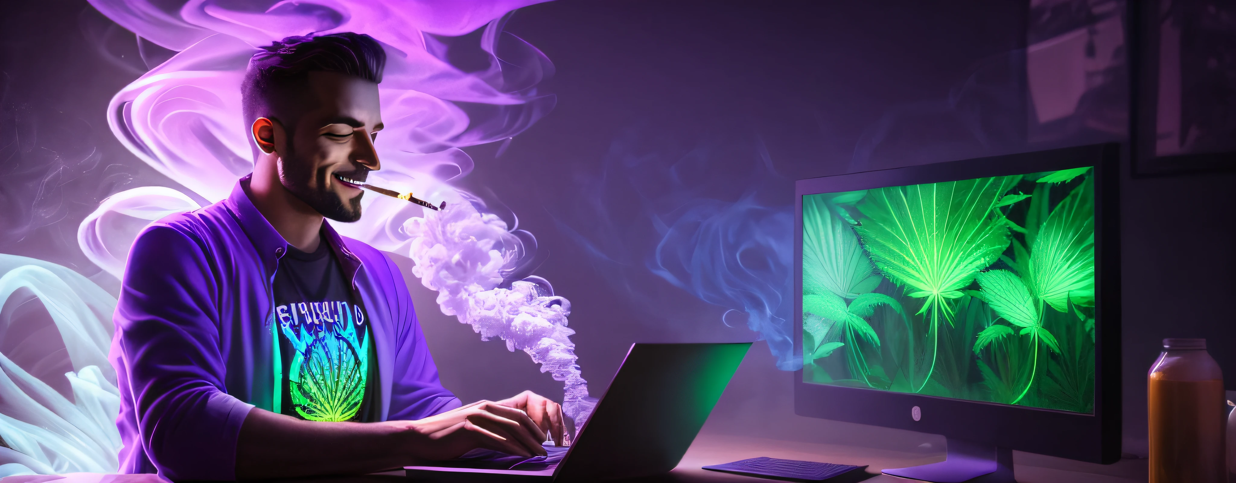 happy man smoking a joint while using a computer, marihuana leaves texture in background, light neon futuristic purple and green colorful smoke, realistic designs, cinematic, detailed, atmospheric, epic, concept art, volumetric lighting, heavenly, amazing, amazing, wonderful, beautiful, highly detailed --auto