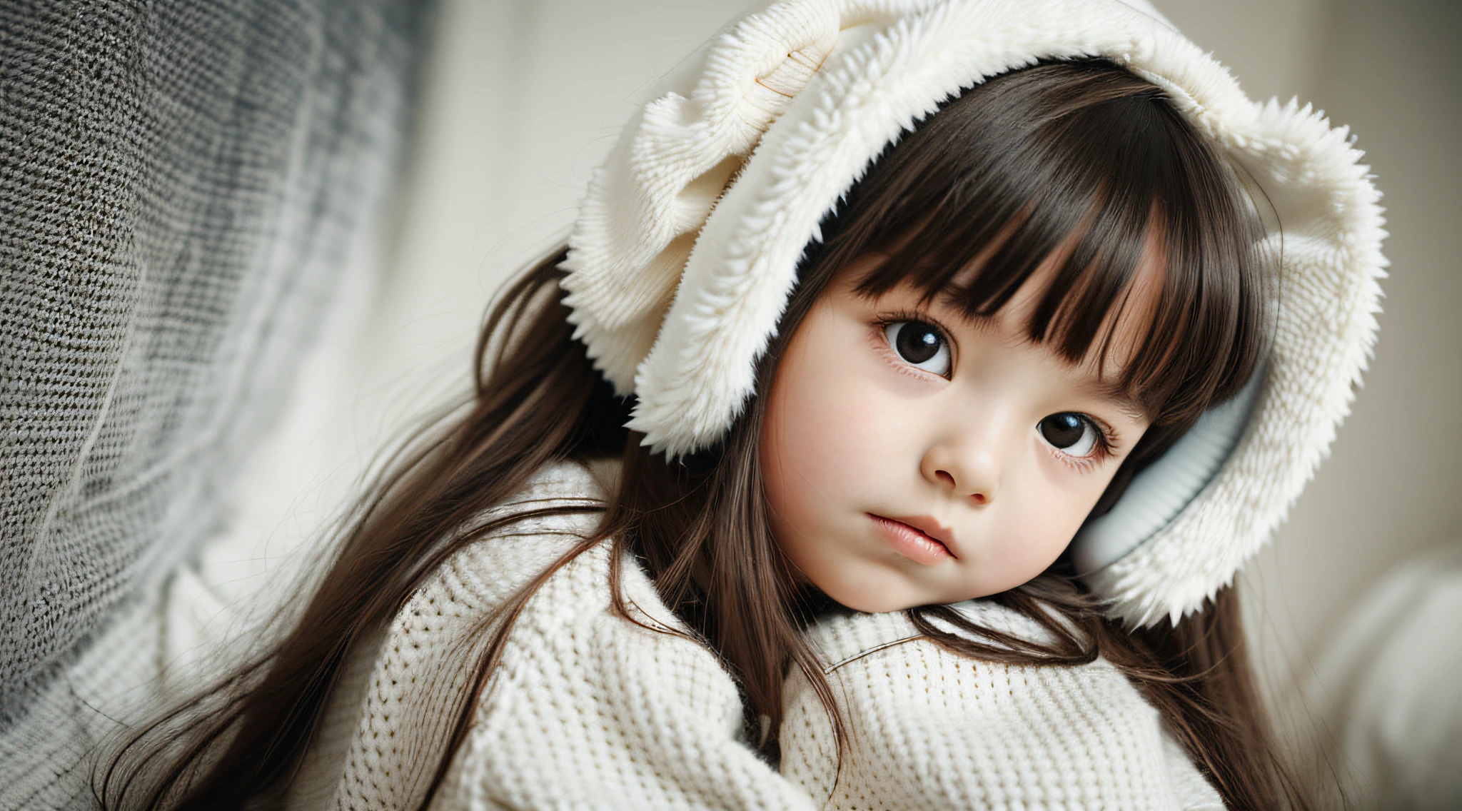 CHILD girl with long hair wearing a white sweater and muffled black ears.