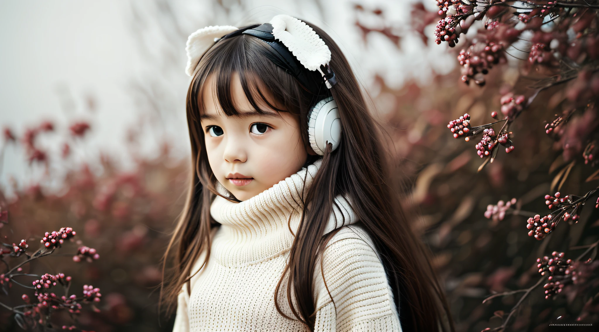 CHILD girl with long hair wearing a white sweater and muffled black ears.