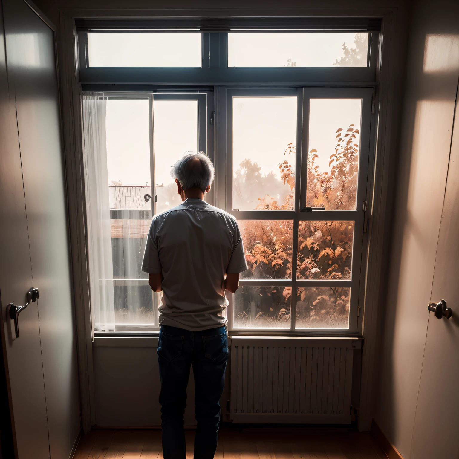 Man inside the house looking out the window, red light outside, low light old lady --auto