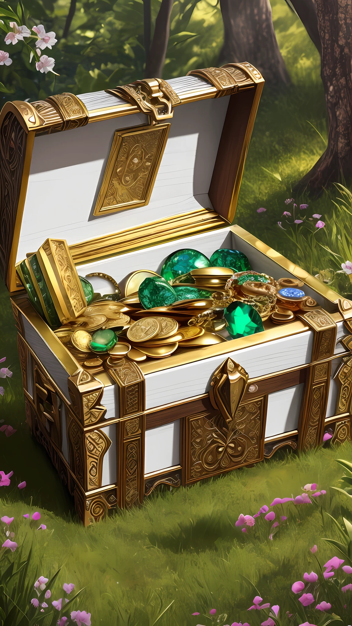 white treasure chest, emerald, detail, complex --auto