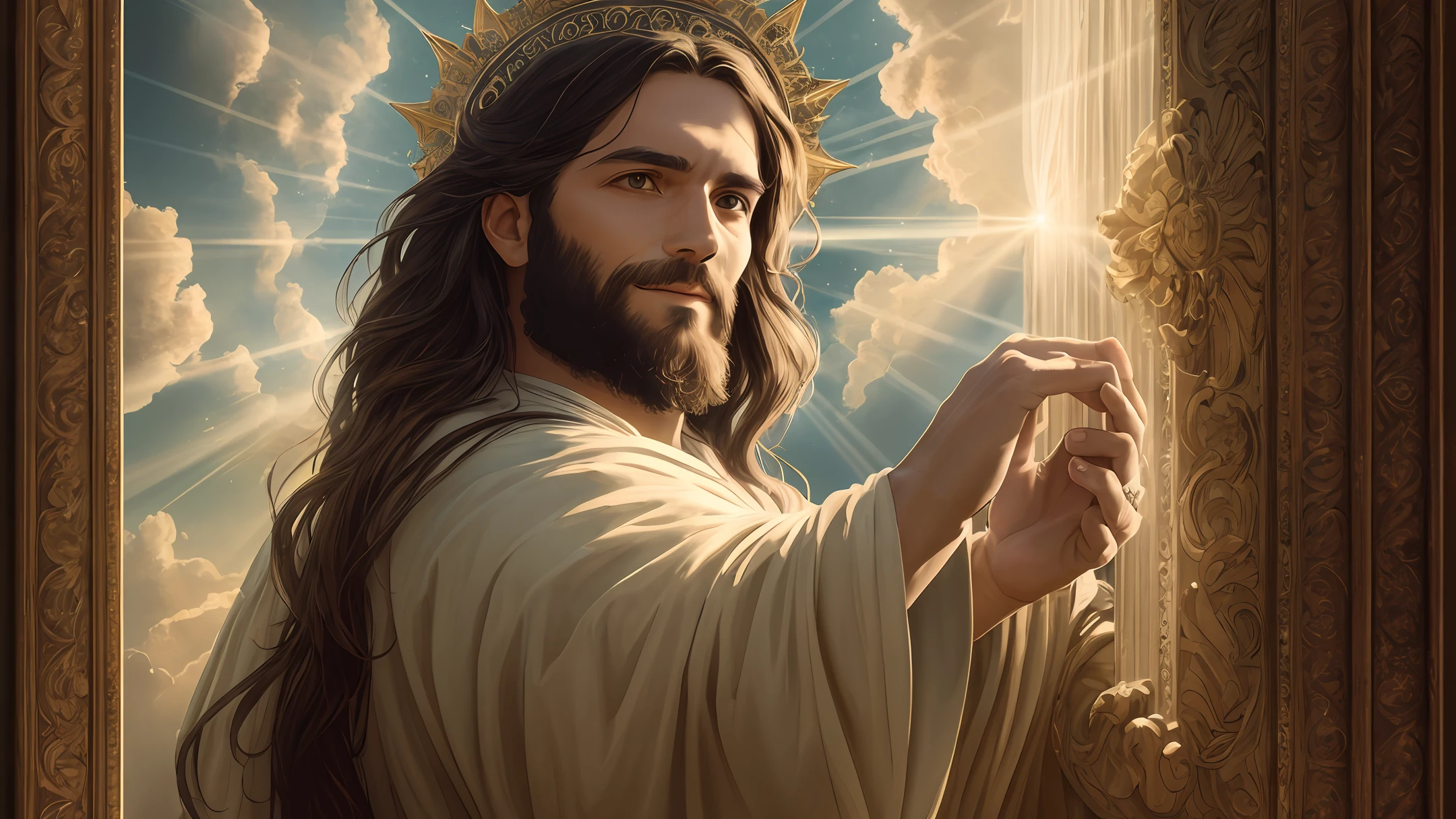 In this scene, Jesus is depicted in heaven, radiating divinity and serenity. The atmosphere is ethereal, with soft rays of light illuminating the surroundings. The composition is carefully framed, capturing Jesus at the center, surrounded by a celestial backdrop.  The camera zooms in to capture every intricate detail, showcasing the divine features and expression of Jesus. His eyes reflect compassion and wisdom, while his serene smile exudes peace and love. The dramatic lighting enhances the depth and mood of the scene, creating a sense of awe and reverence.  The image is captured with an ultra-detailed photography camera, ensuring that every nuance and texture is faithfully reproduced. The resolution is set at 8K, providing stunning clarity and realism. The photo-realistic rendering brings Jesus to life, capturing the essence of his presence in a tangible and compelling manner.  The aspect ratio is set to 4:3, allowing for a balanced and classic composition. The version used is Midjourney 5.2, harnessing the latest advancements in image generation technology. The camera settings are set to auto, optimizing the exposure and focus to capture the scene in its utmost beauty.  Overall, the scene portrays Jesus in all his glory, conveying a sense of divine presence and peace. The combination of ultra-detailed photography, dramatic lighting, and high-resolution rendering creates a visually stunning and emotionally resonant depiction of Jesus in heaven. --auto --s2