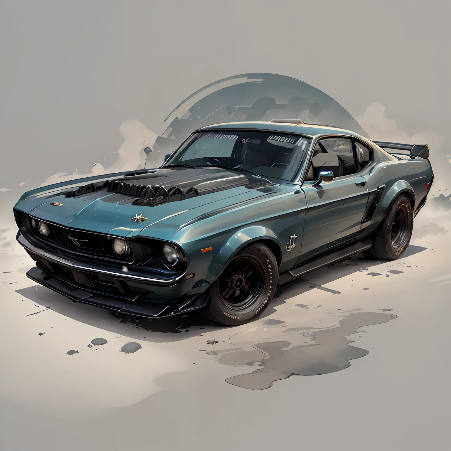 Graphic design, flat design, 1968 Ford Mustang Black Shelby, watercolor splashes, clean highly detailed, photorealistic masterpiece, professional photography, realistic car, abstract watercolor background, isometric, vibrant color vector, sharp focus, volumetric mist, 8k UHD, DSLR, high quality, grain film, Fujifilm XT3