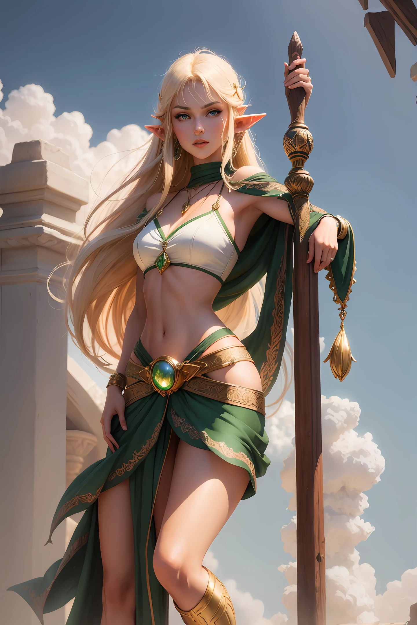 elegant-looking elf, with long pointed ears, expressive eyes, shining blond hair, dressed in verdant garments and bearing a skilfully adorned elven bow. Art style frank frazetta