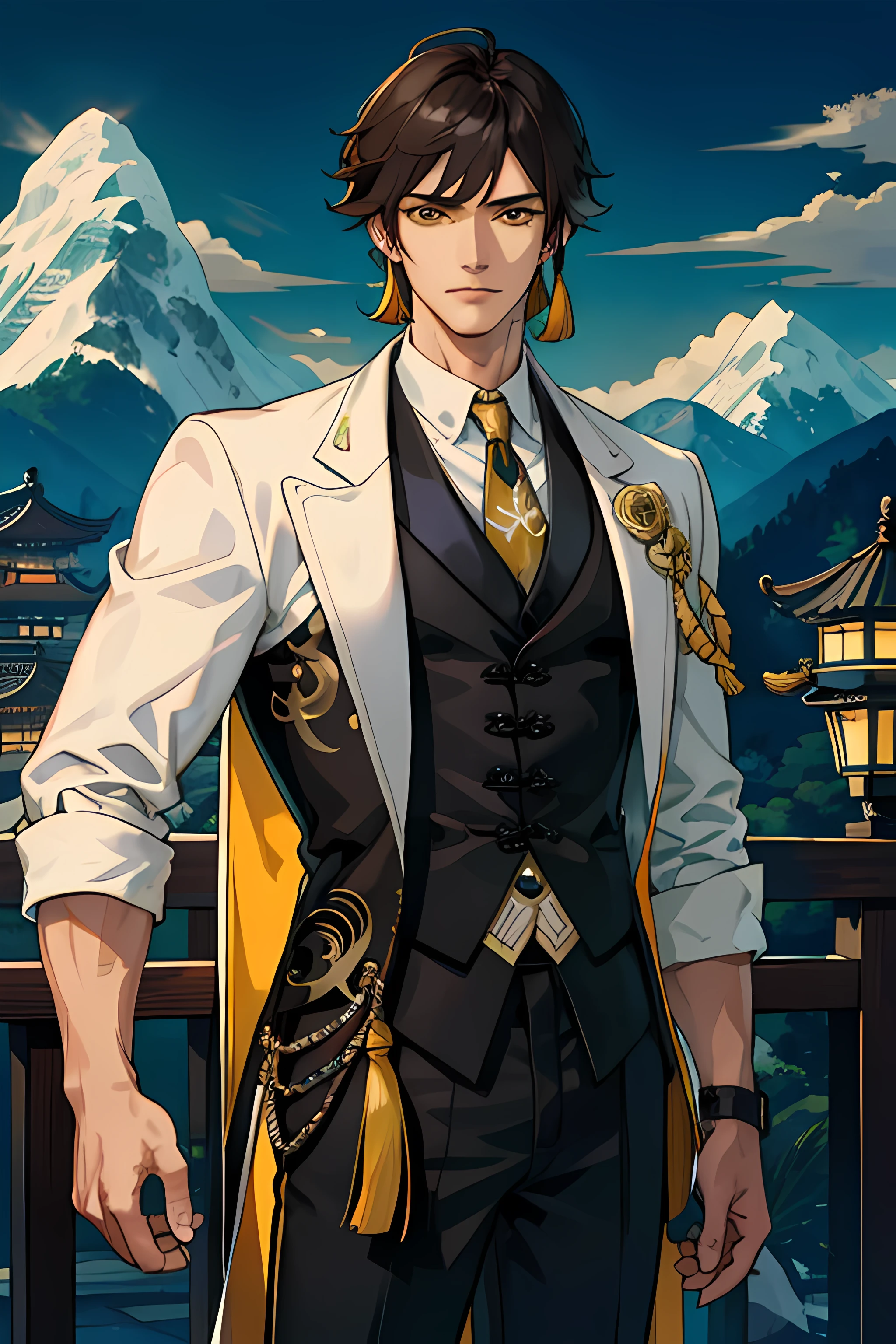 masterpiece, best quality, 1 male, adult, tall muscular, handsome, finely detailed eyes, intricate details, muscle, solo, 1male, adult, handsome, broad shoulders, well kept dark brown hair with one golden streak, glowing yellow brown eyes, tall, modern chinese suit with gold trimming and rose designs, mountain and clouds in the background, half body, tassels on clothes, calm expression, genshin impact zhongli, looking away from viewer, depth of field