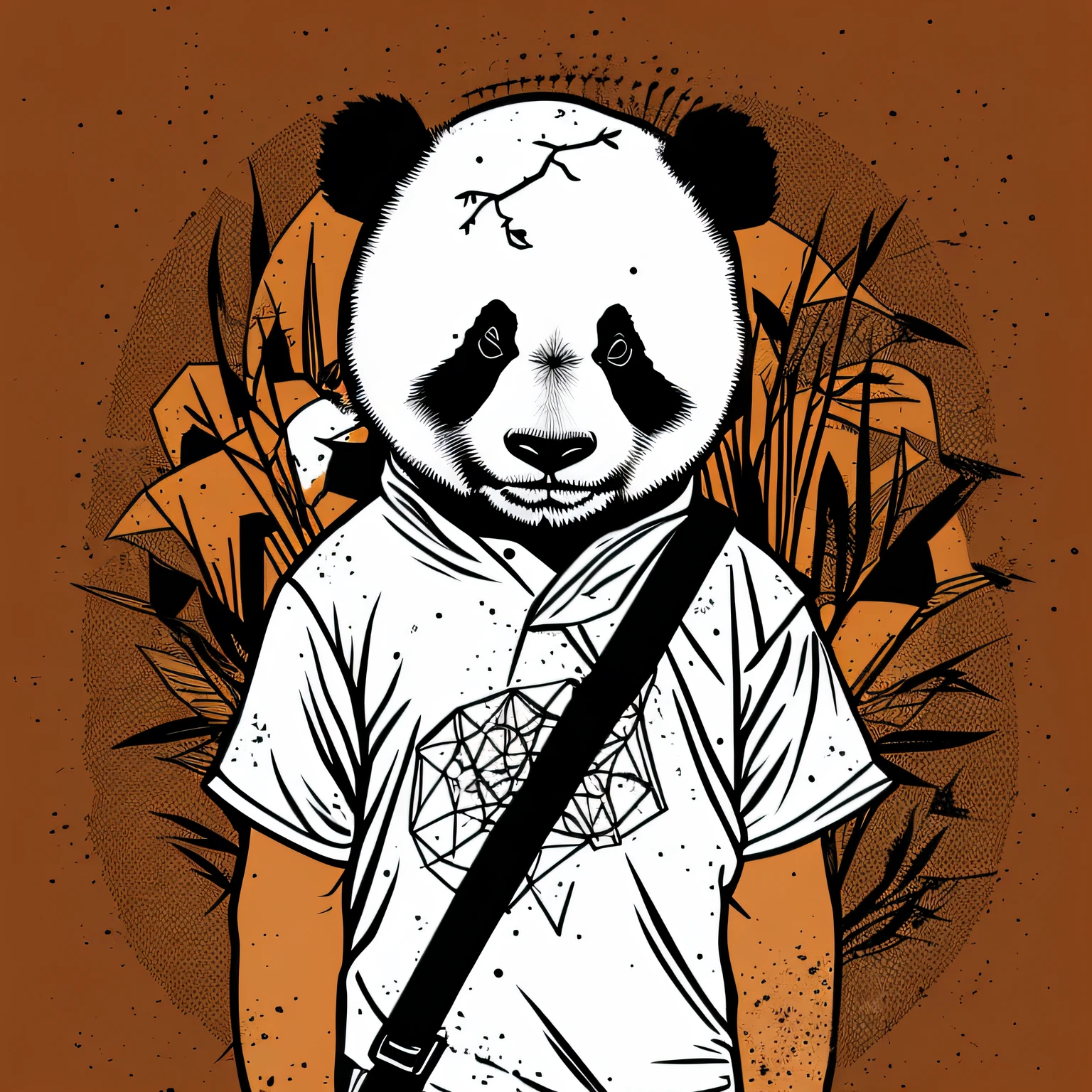 a panda print with apocalyptic post clothing, vector style, up to 3 colors, white background, cartoon