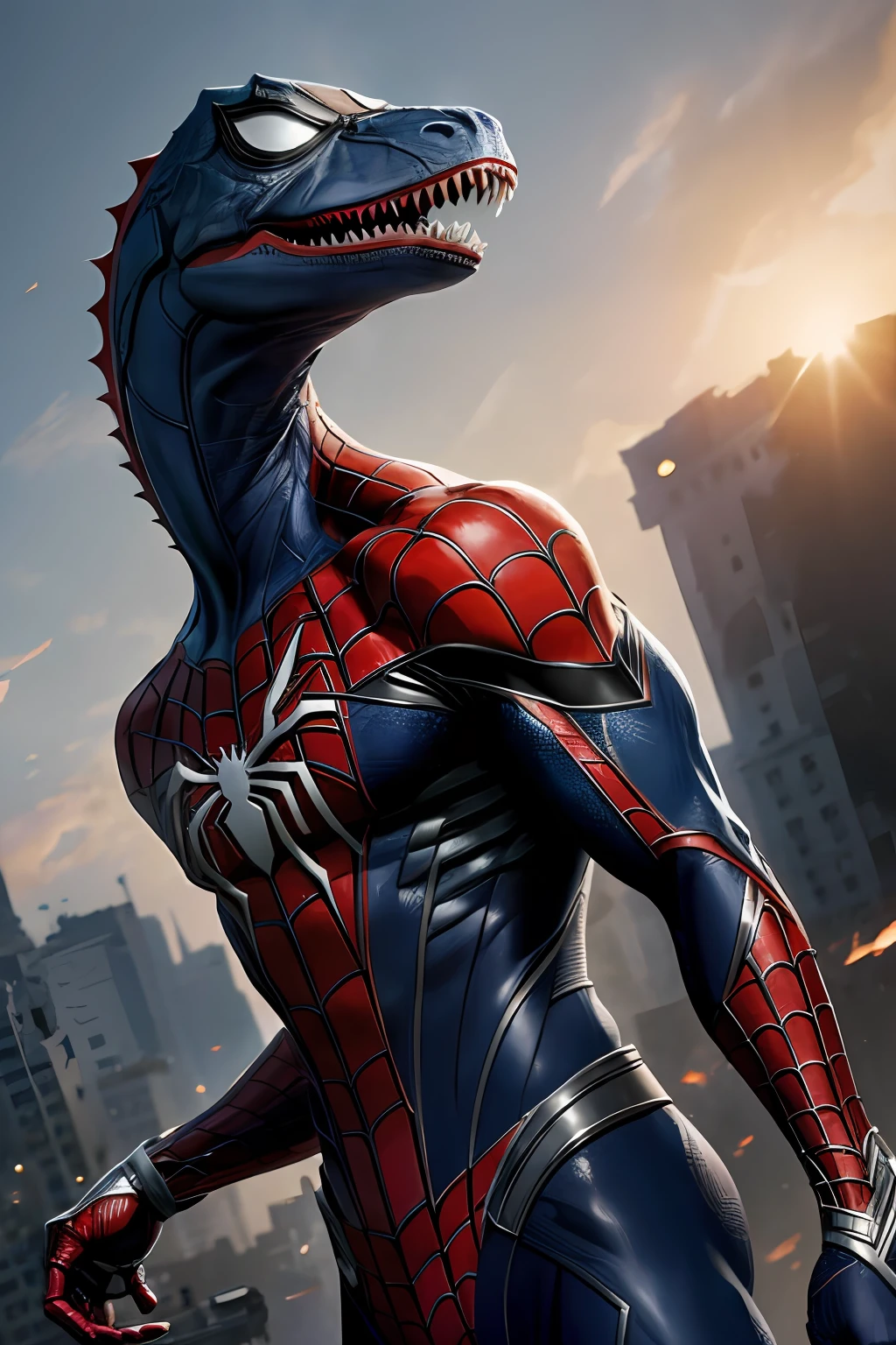 (8k, RAW photo, best quality, masterpiece: 1.2), ultra detailed, upper body shot, marvel spiderman, Goku's character, and the dinosaur Jurassic park.