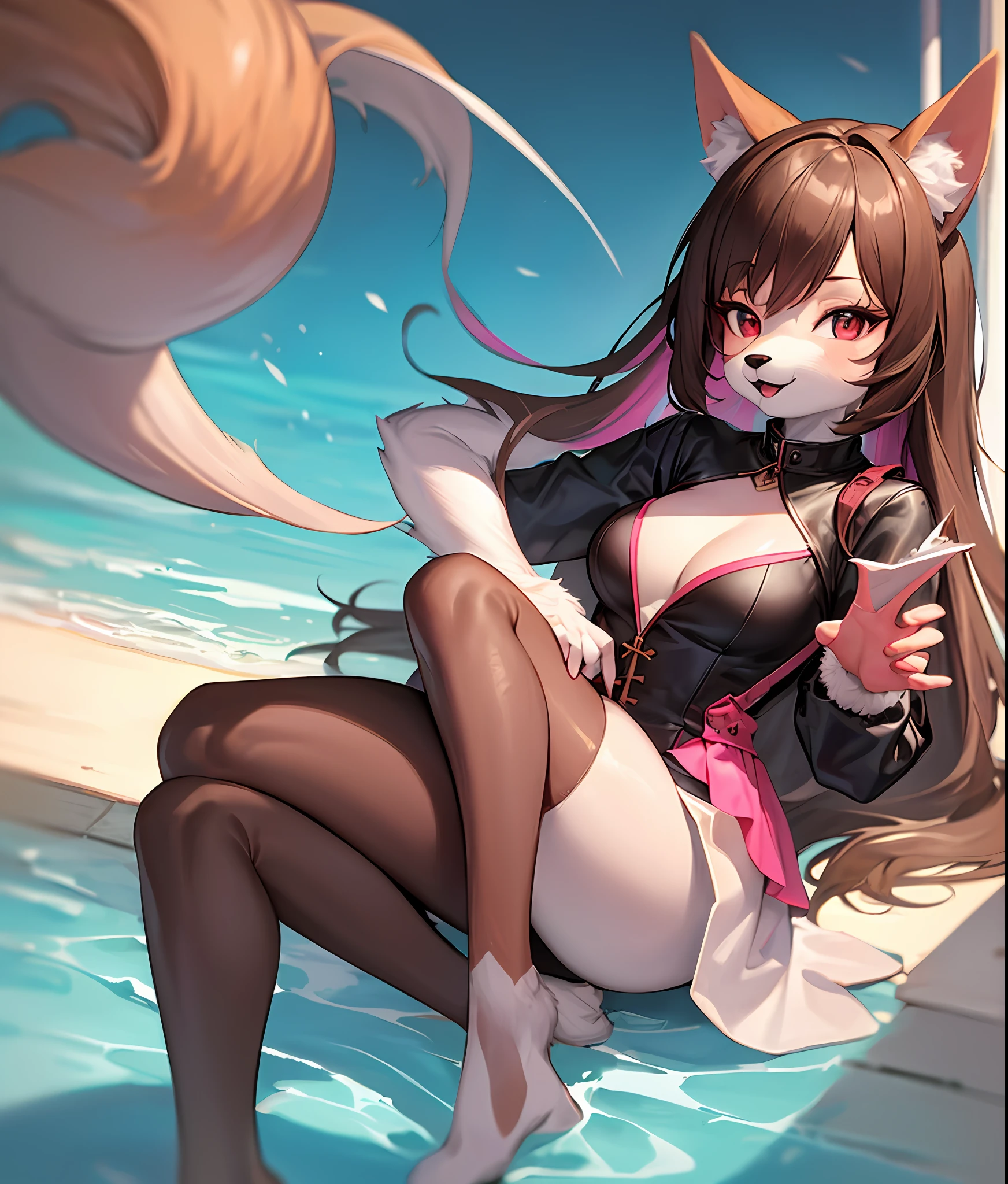 (cute anthro furry:1.3), medium breasts, 1girl, solo, long brown hair, (multicolored eyes:1.2), fox ears, pink dress