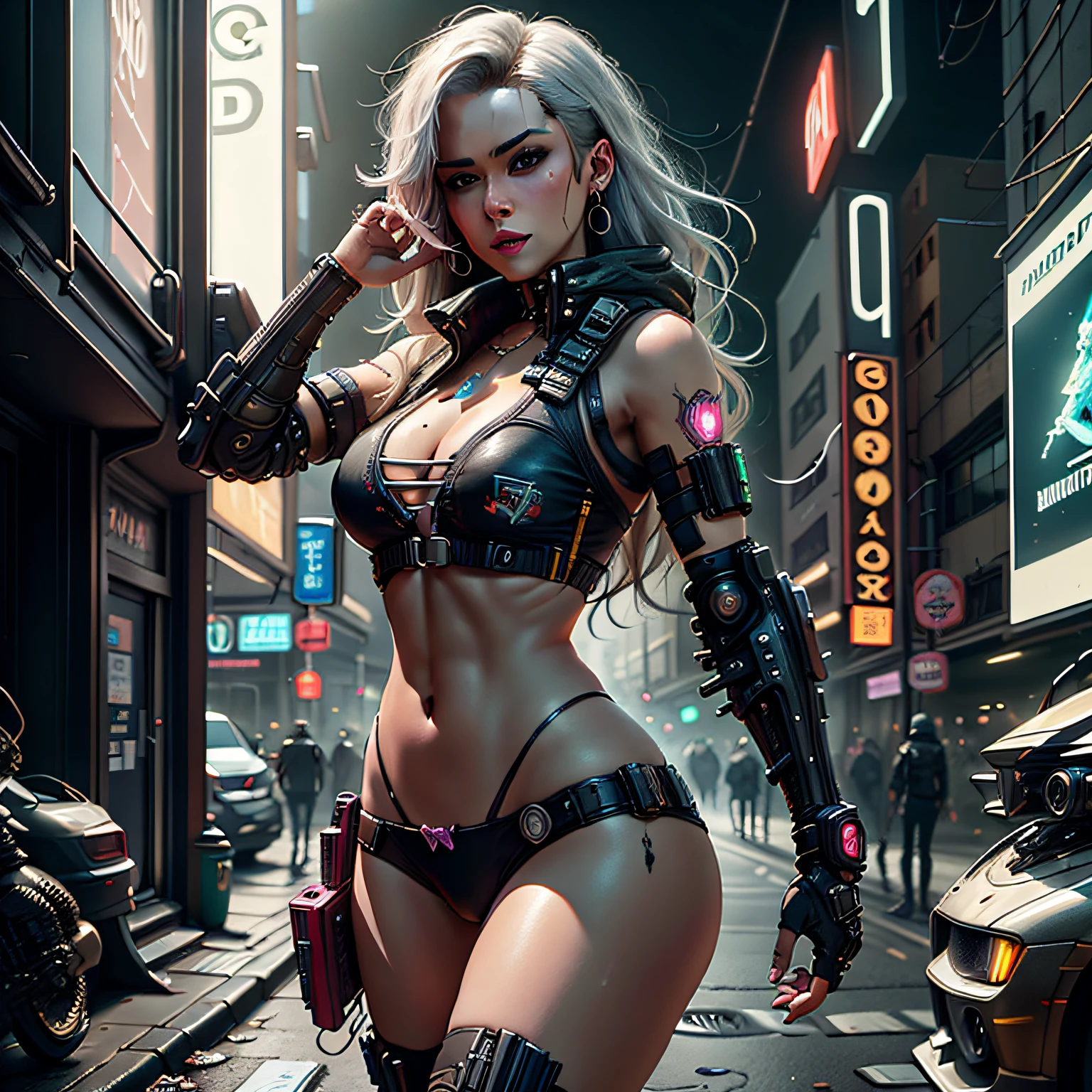 Arafed woman in a thin bikini and small light pink posing in a city, blonde, long hair, muscular, big ass, green eyes, light pink lipstick, silver earring, american face, cyberpunk oppai, female cyberpunk anime girl, female cyberpunk anime girl, trend in cgstation, seductive anime girl, digital cyberpunk anime art, digital cyberpunk - anime art, Cyberpunk 2 0 Y. The model girl, dreamy cyberpunk girl, photorealistic anime girl render, in Cyberpunk City, Cyberpunk anime art --auto